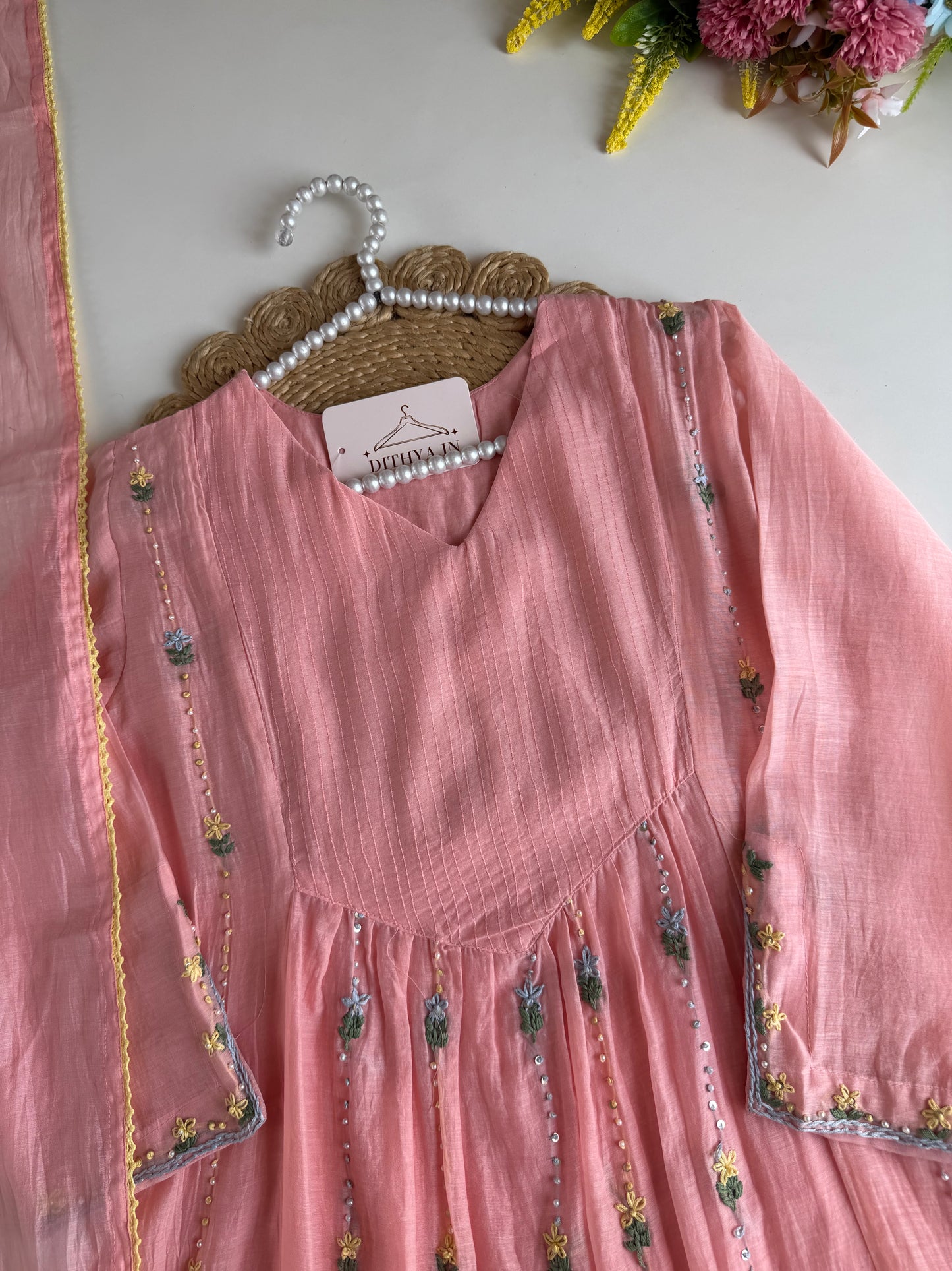 K632 - Mul chanderi embroidered Anarkali with pants and dupatta