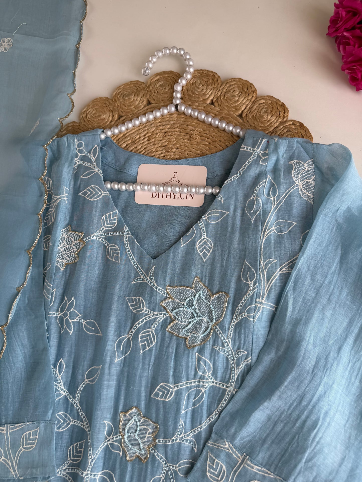 K735 - Mul chanderi embroidered Anarkali with pants and dupatta in 2 colours