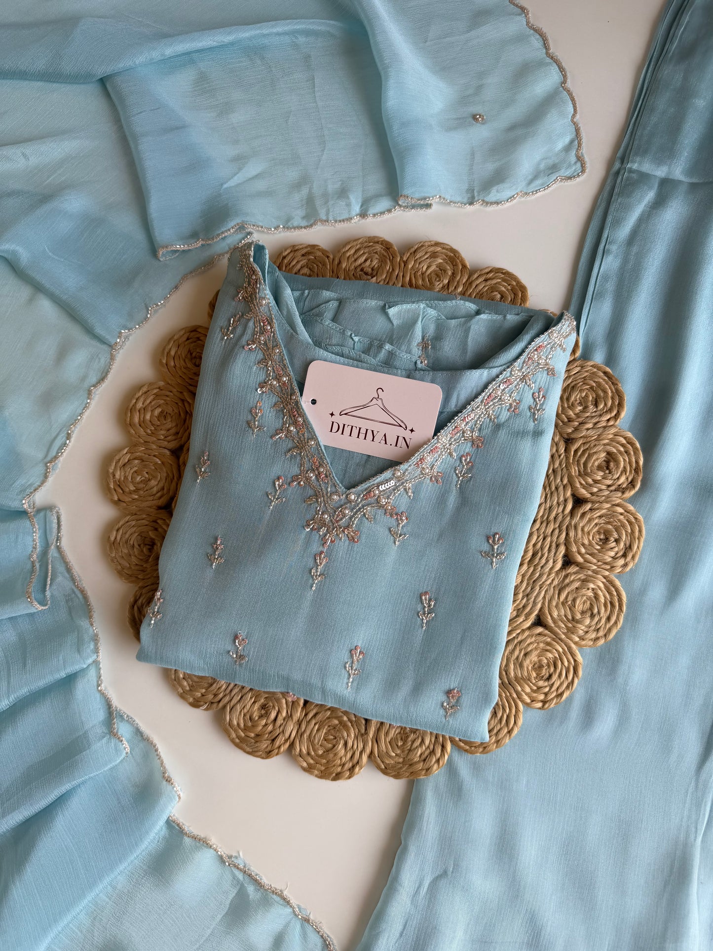 K690 - Pure Chinnon handwork aline Kurti with pants and dupatta