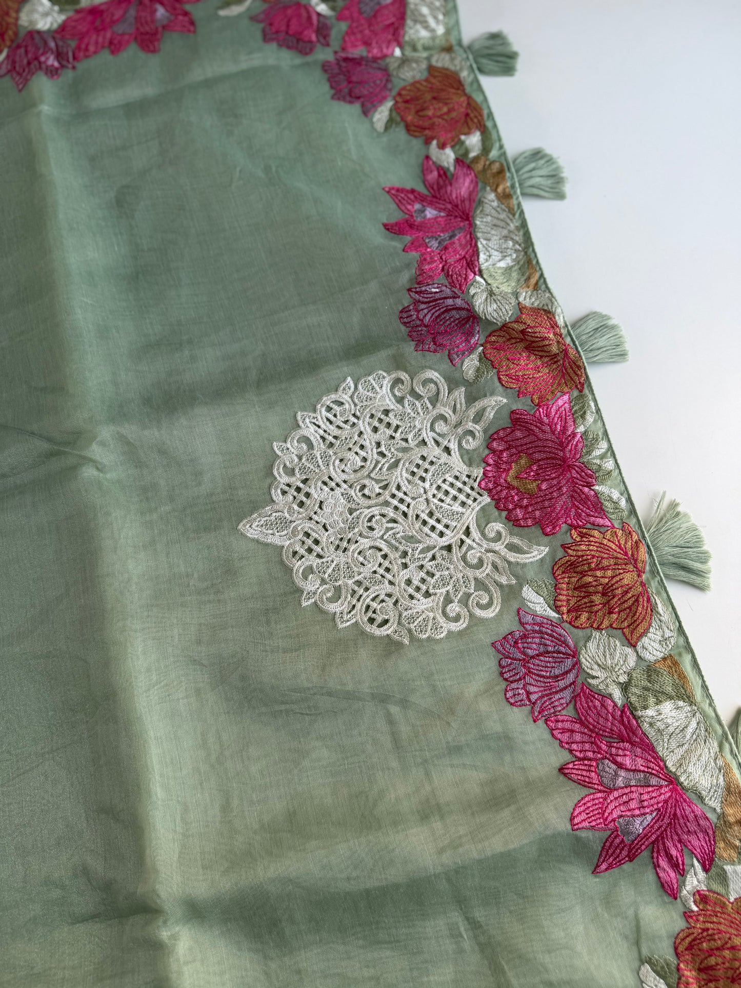 S020 - Soft organza appliqué embroidered saree in 3 colours