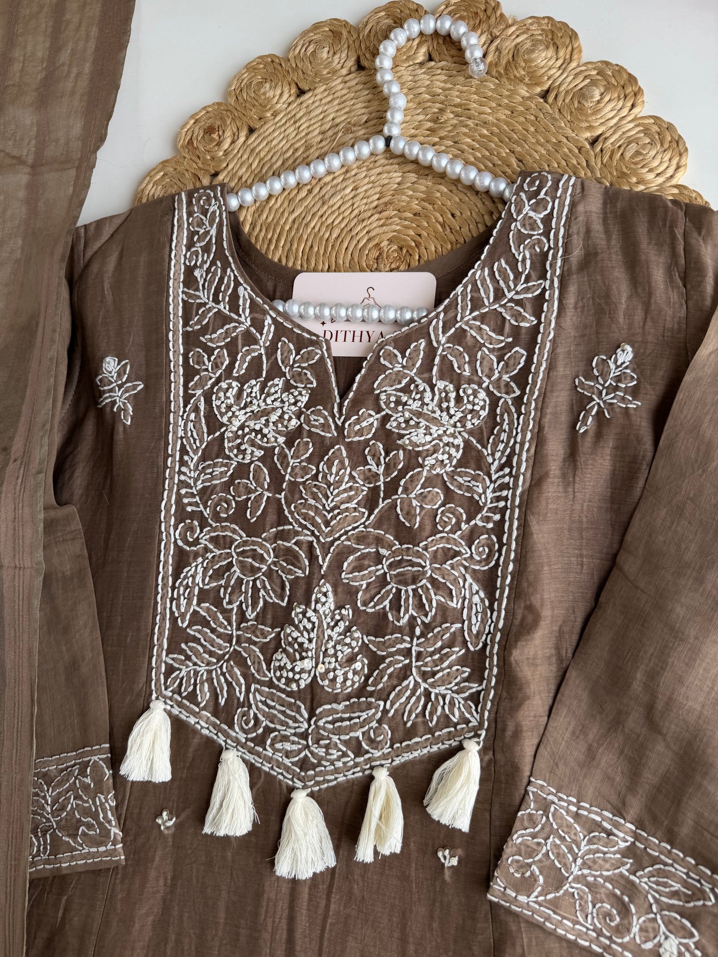 K729 - Mul chanderi embroidered Aline Kurti with pants and dupatta