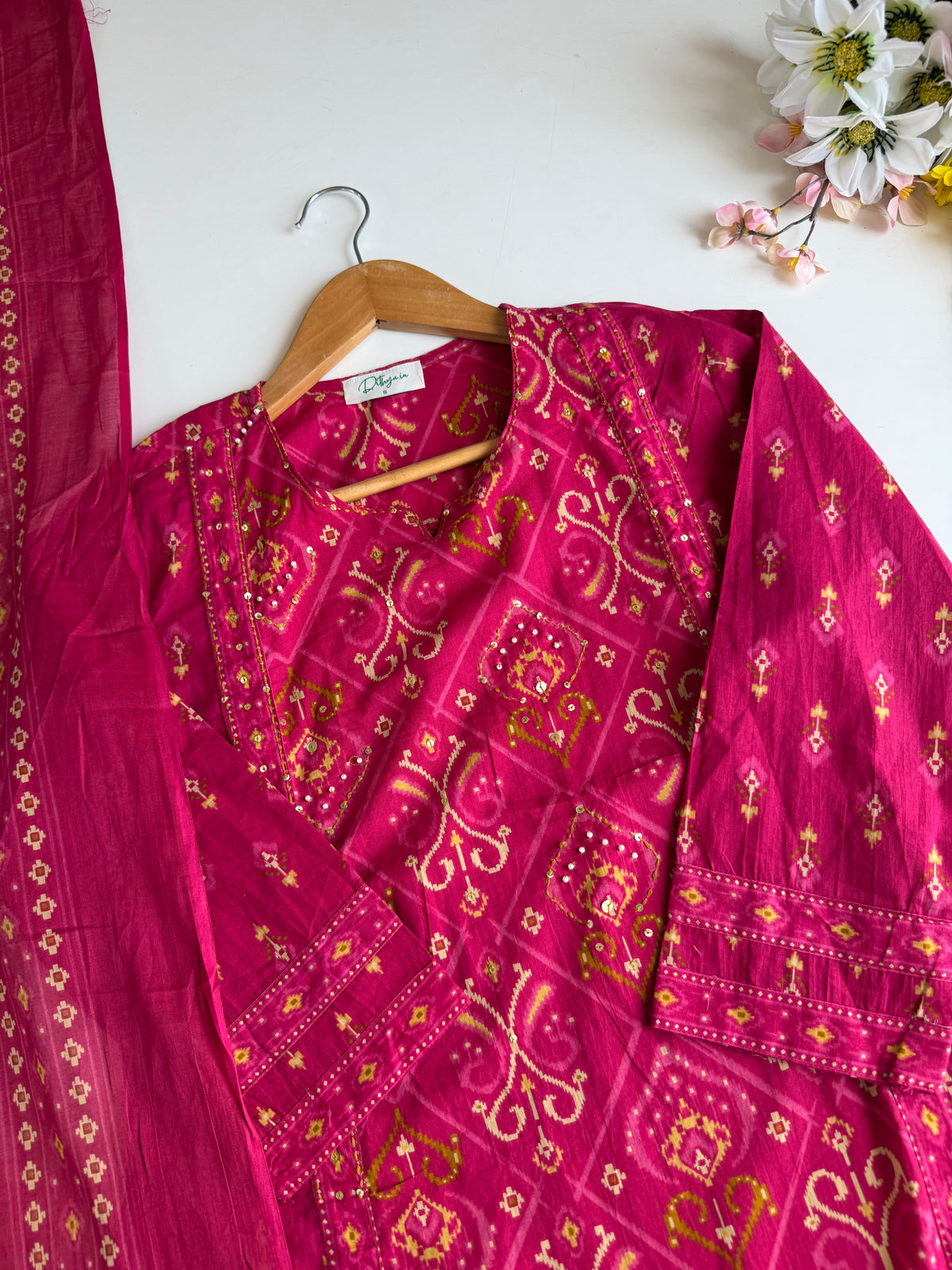 K728 - Mul cotton ikkat print embroidered Aline Kurti with pants and dupatta