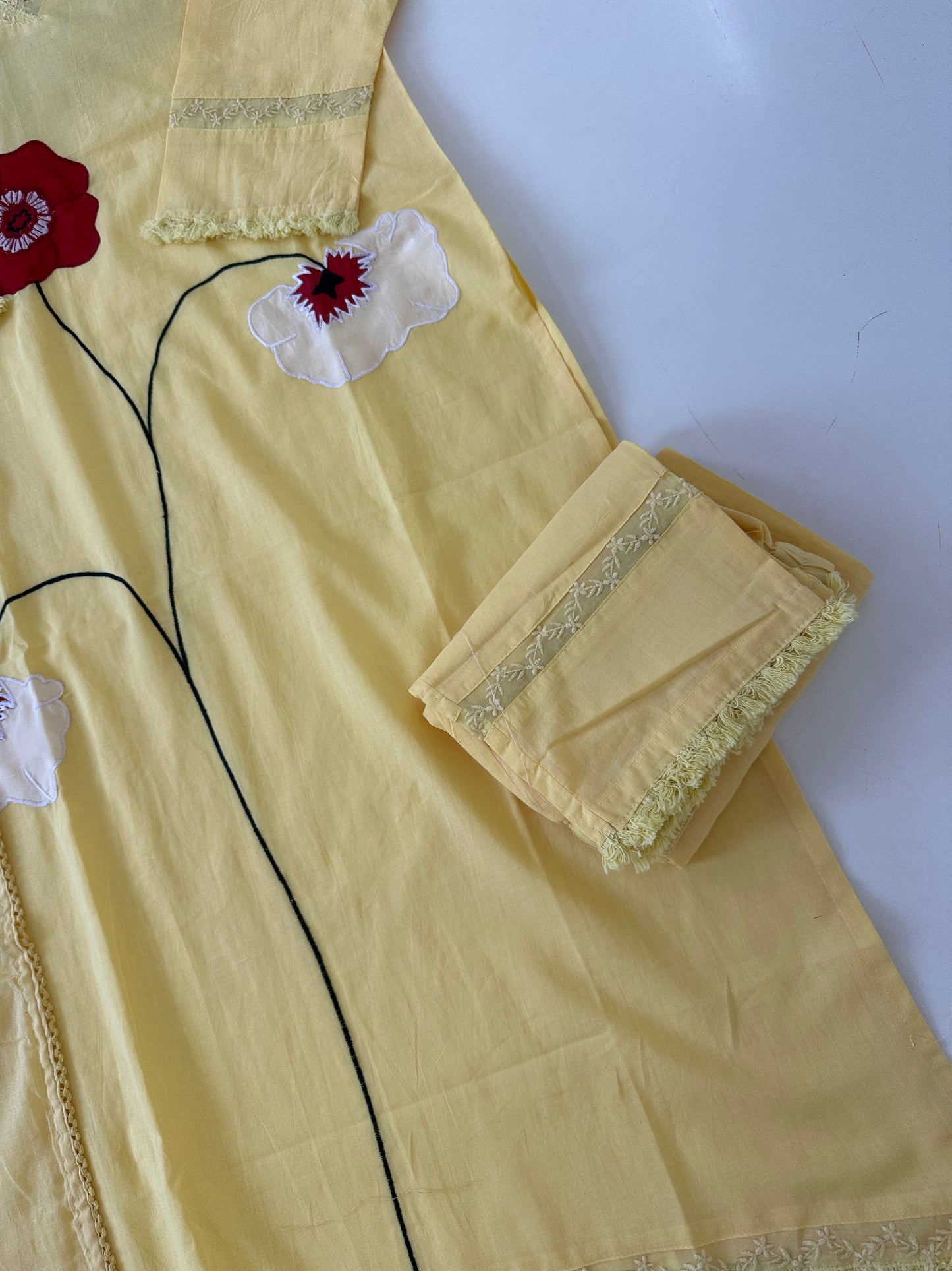 K218 - Mul cotton embroidered straight Kurti with pants and dupatta