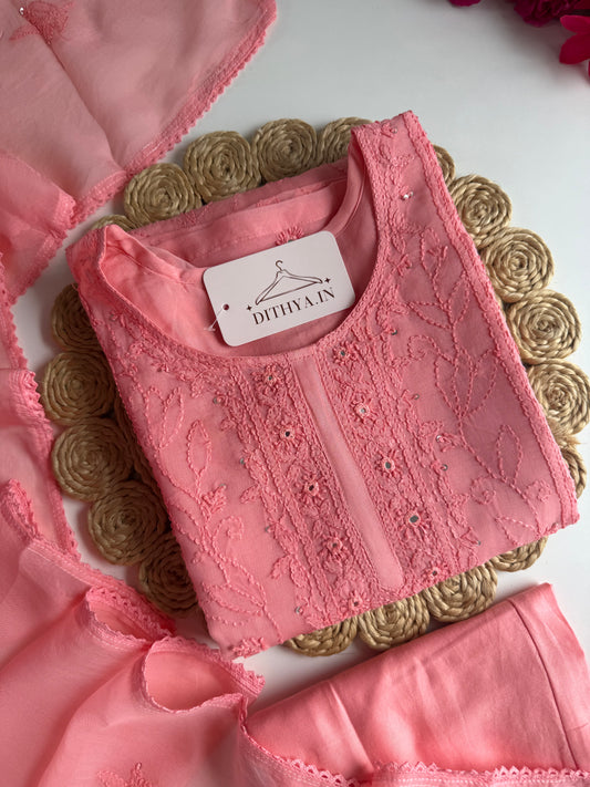 K180 - Viscose organza chikankari straight Kurti with pants and dupatta