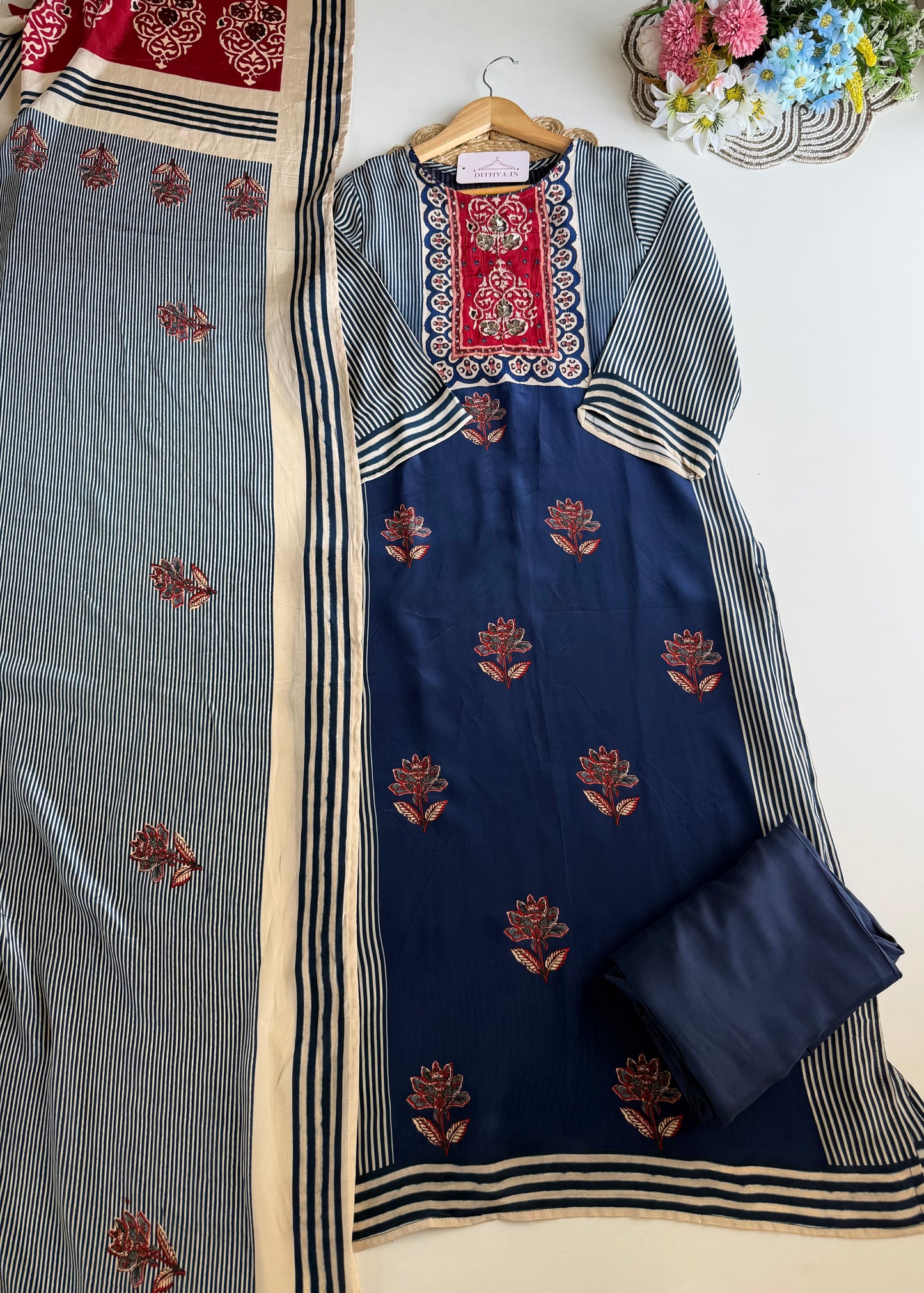 K510 - Pure crape handwork straight Kurti with pants and dupatta