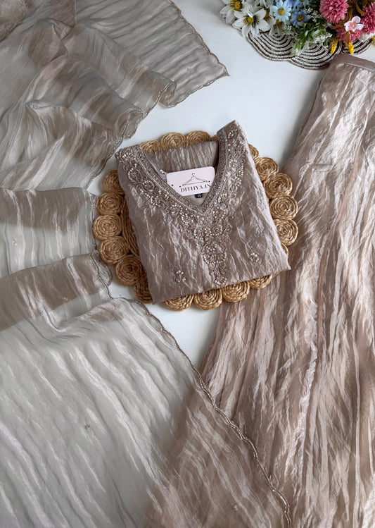 K184 - Crushed glass tissue short Kurti with divider pants and dupatta