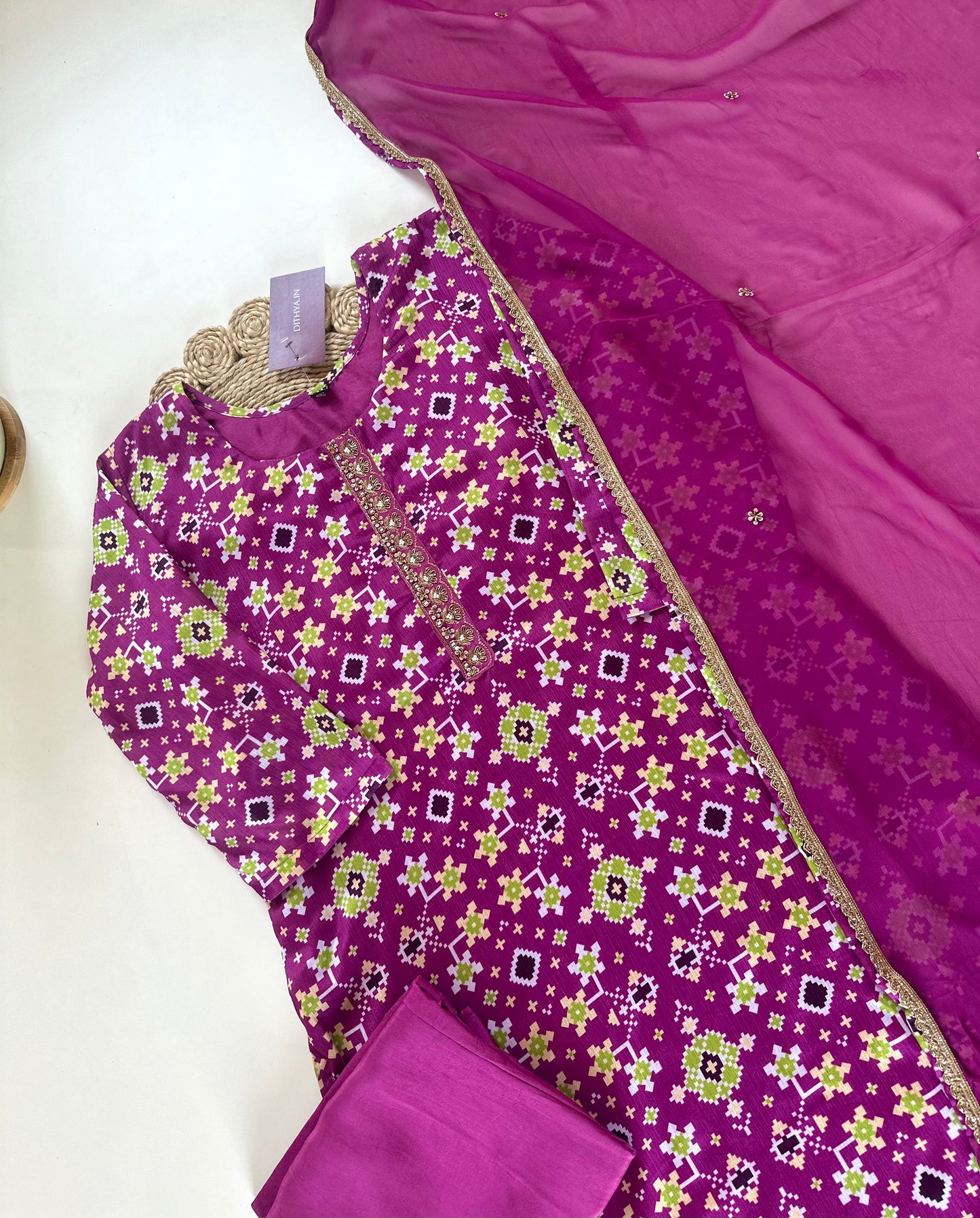 K430 - Viscose organza patola print straight Kurti with pants and dupatta
