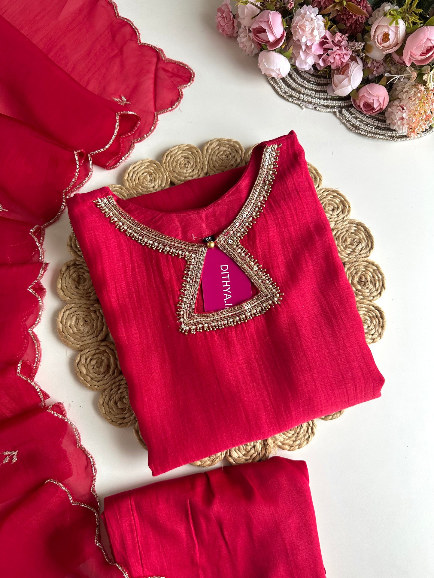 K228 - Mul Chanderi handwork Aline Kurti with pants and dupatta