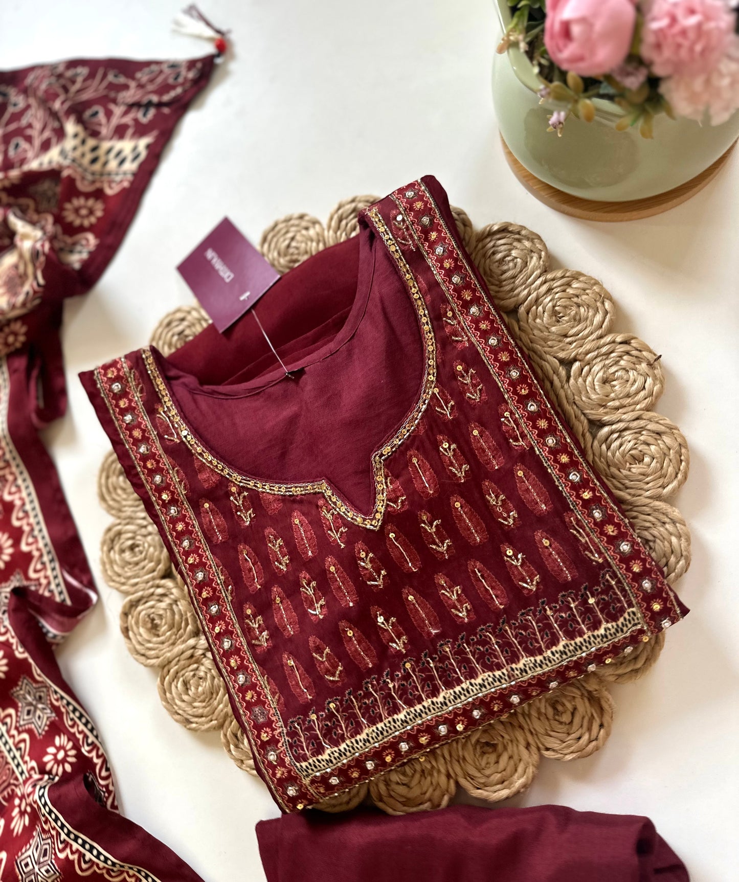 K105 - Russian silk handwork Straight kurti with pants and gaji dupatta .