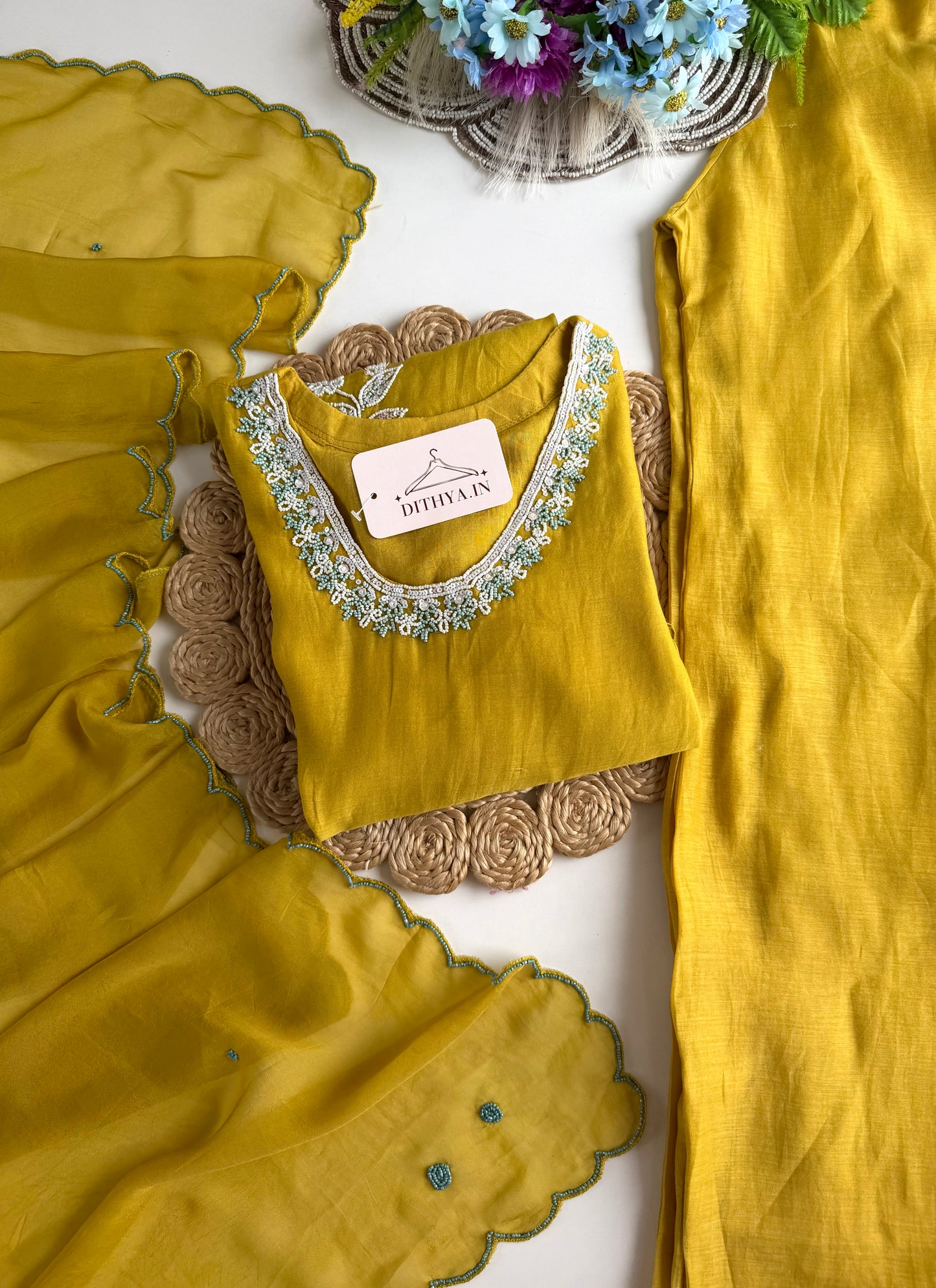 K466 - Mul chanderi handwork short Kurti with palazzo and dupatta