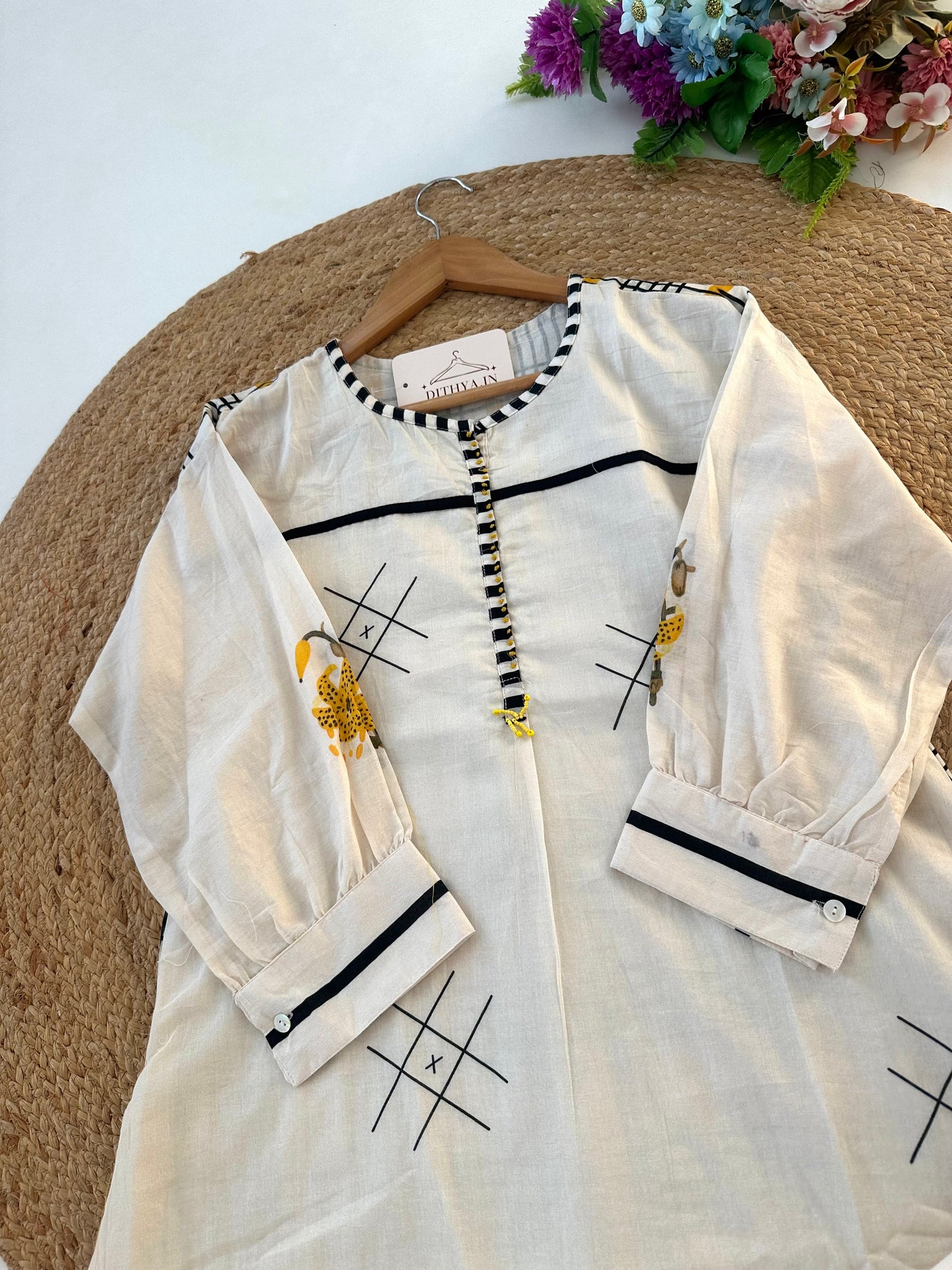 K579 - Mul cotton printed with handwork Aline Kurti with pants