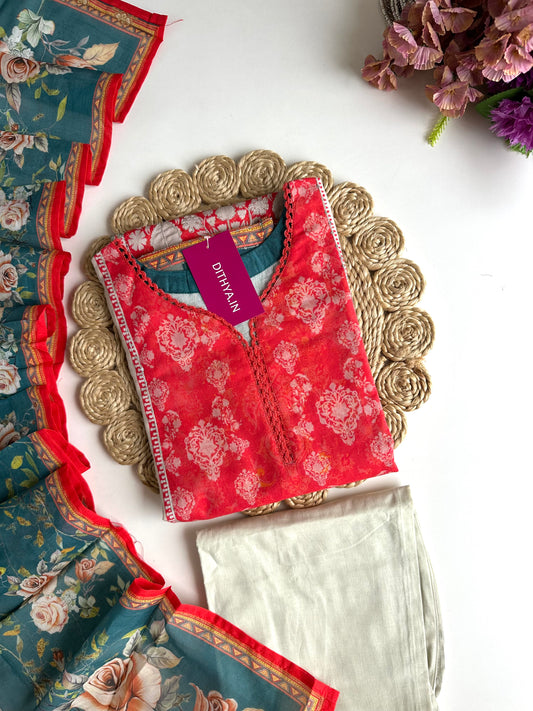 K046 - Mul cotton straight Kurti with pants and dupatta