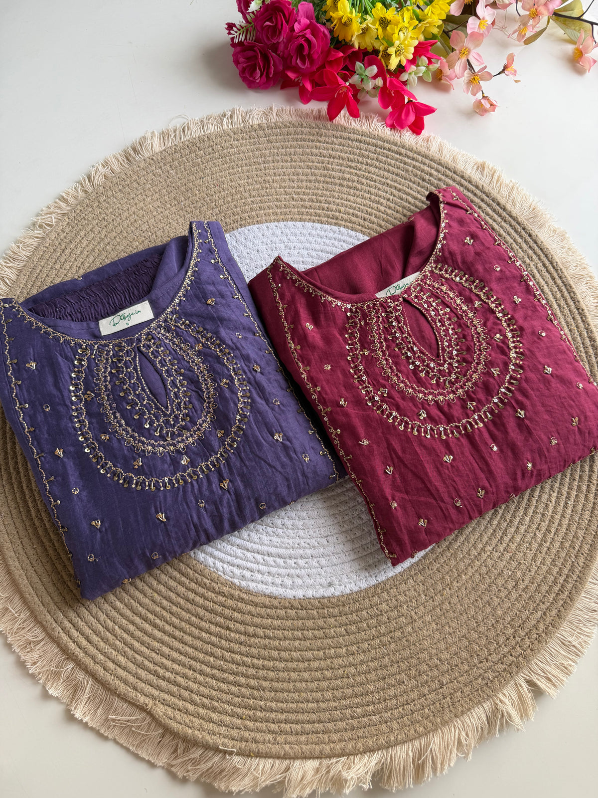 K446 - Surat Mul chanderi handwork aline Kurti with pants and dupatta in 2 colours