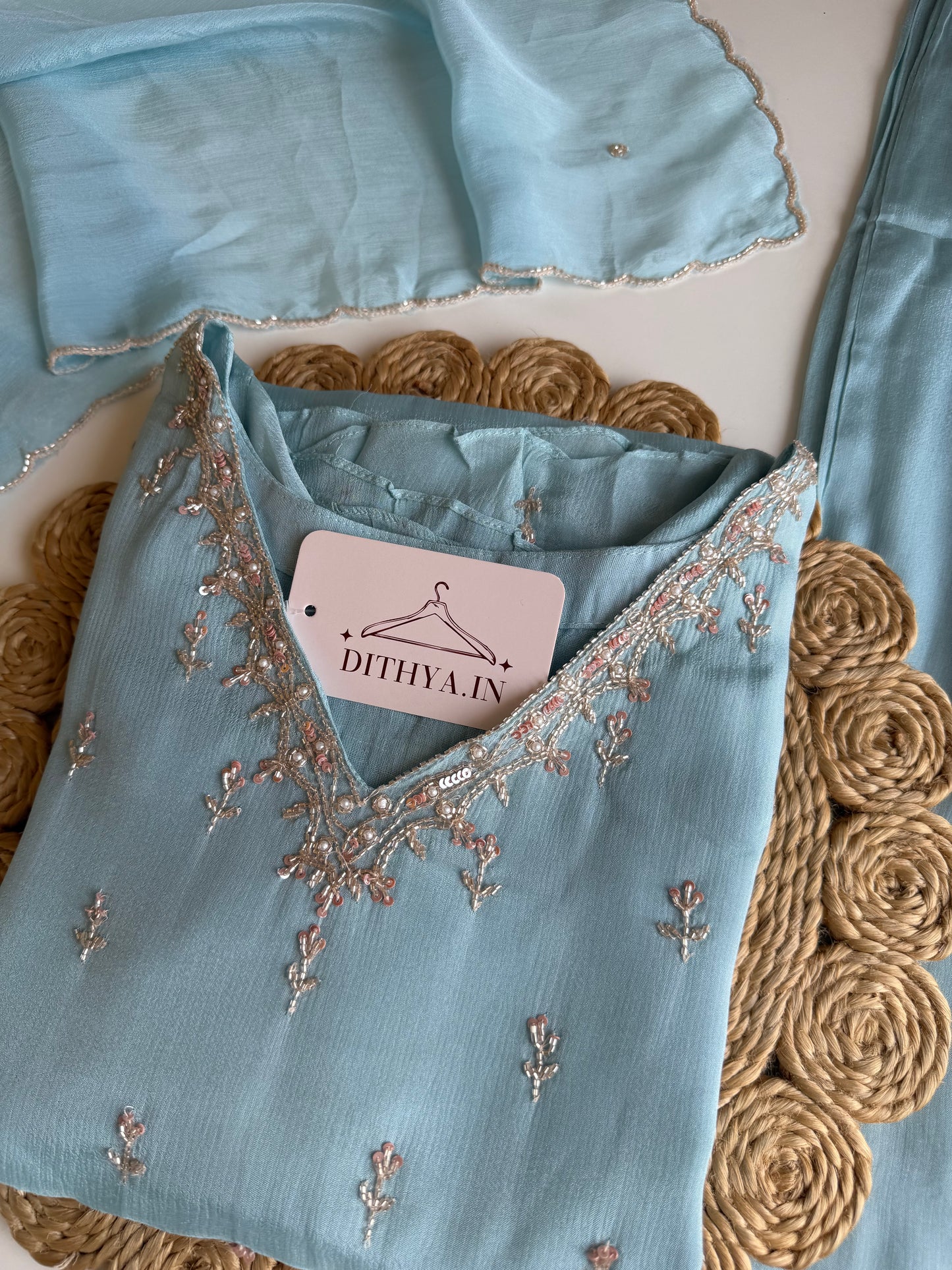 K690 - Pure Chinnon handwork aline Kurti with pants and dupatta