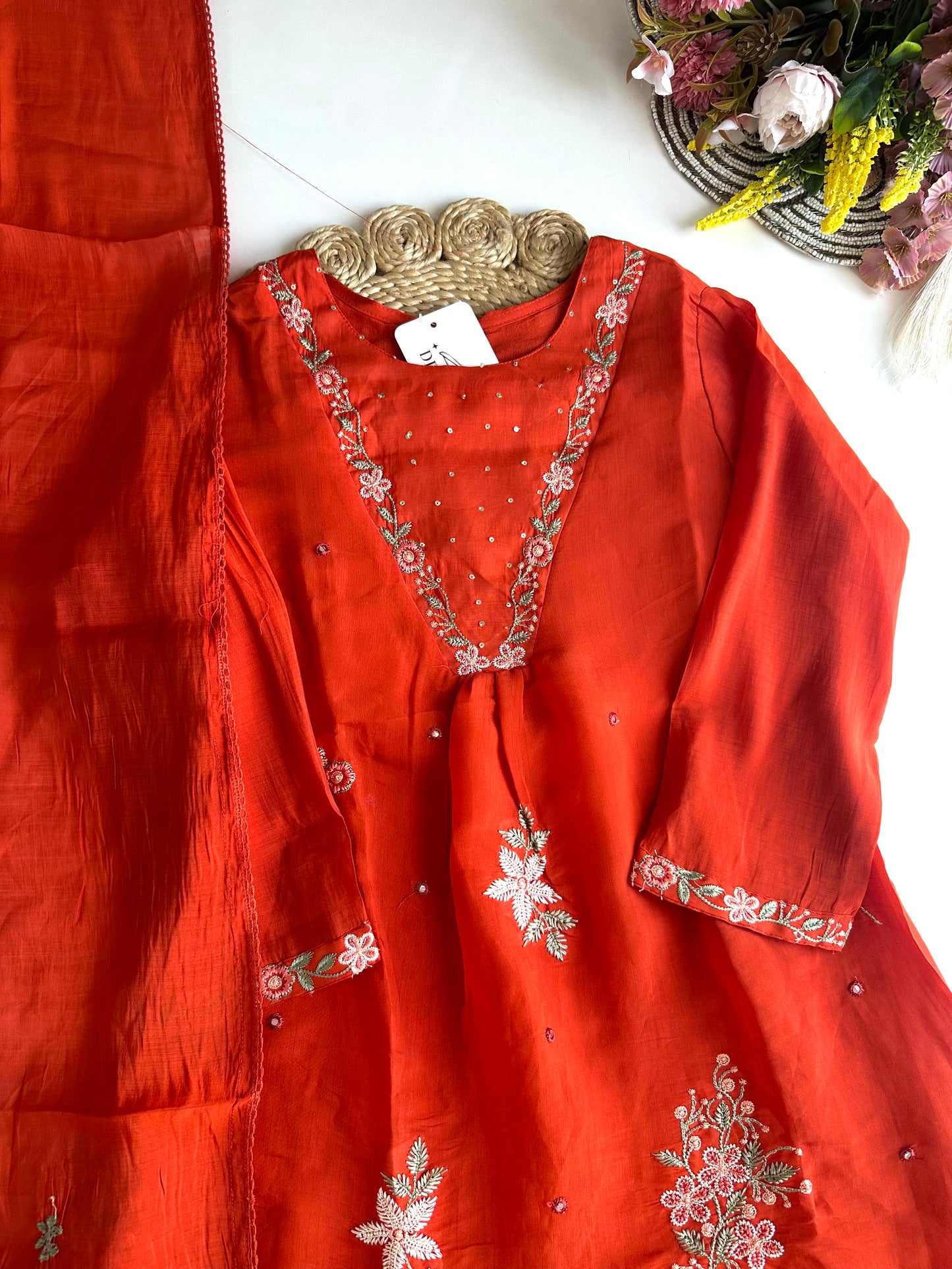K466-Chanderi cotton Aline Kurti with pants and dupatta