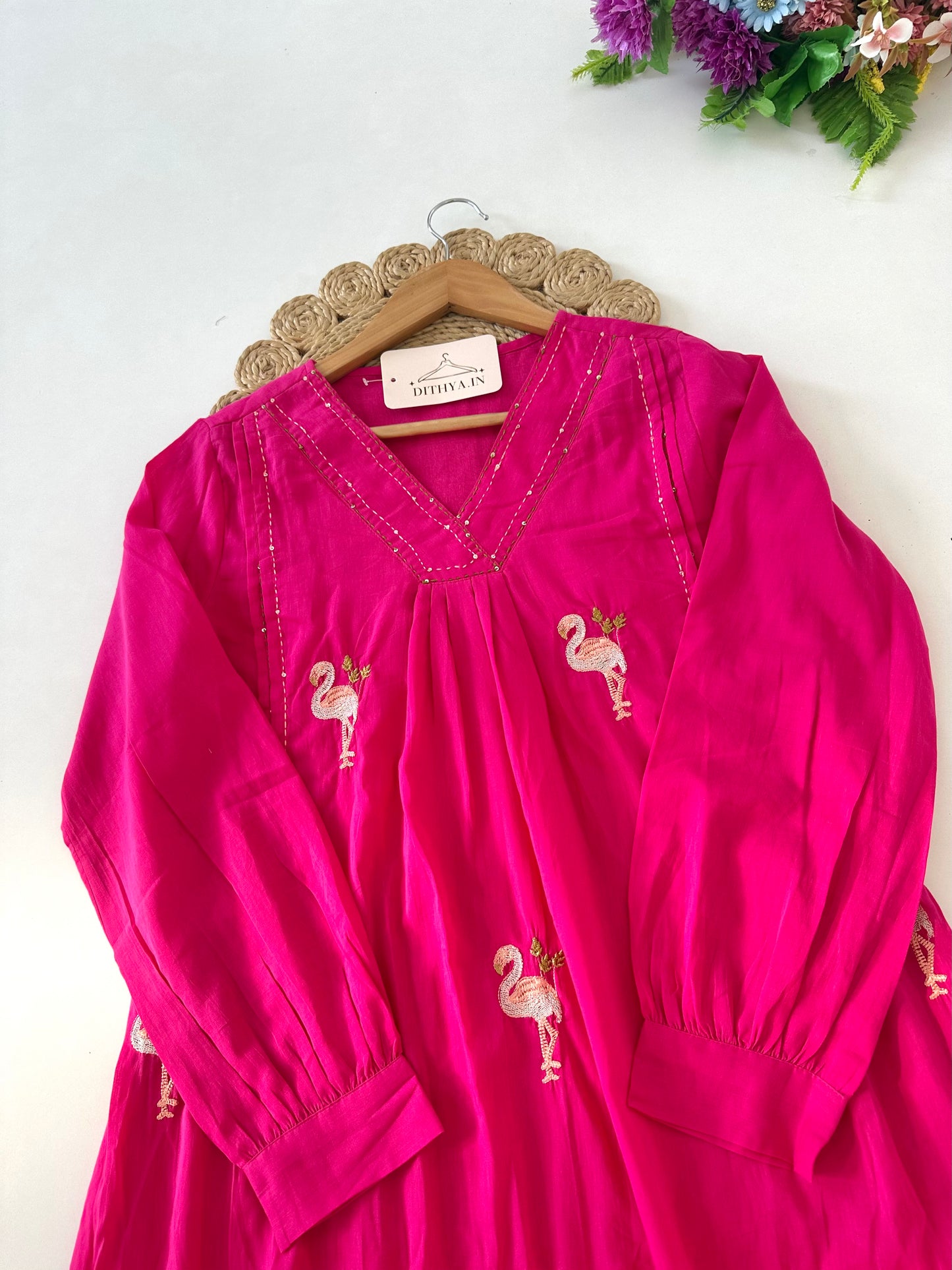 K506 - Mul cotton embroidered Aline Kurti with pants