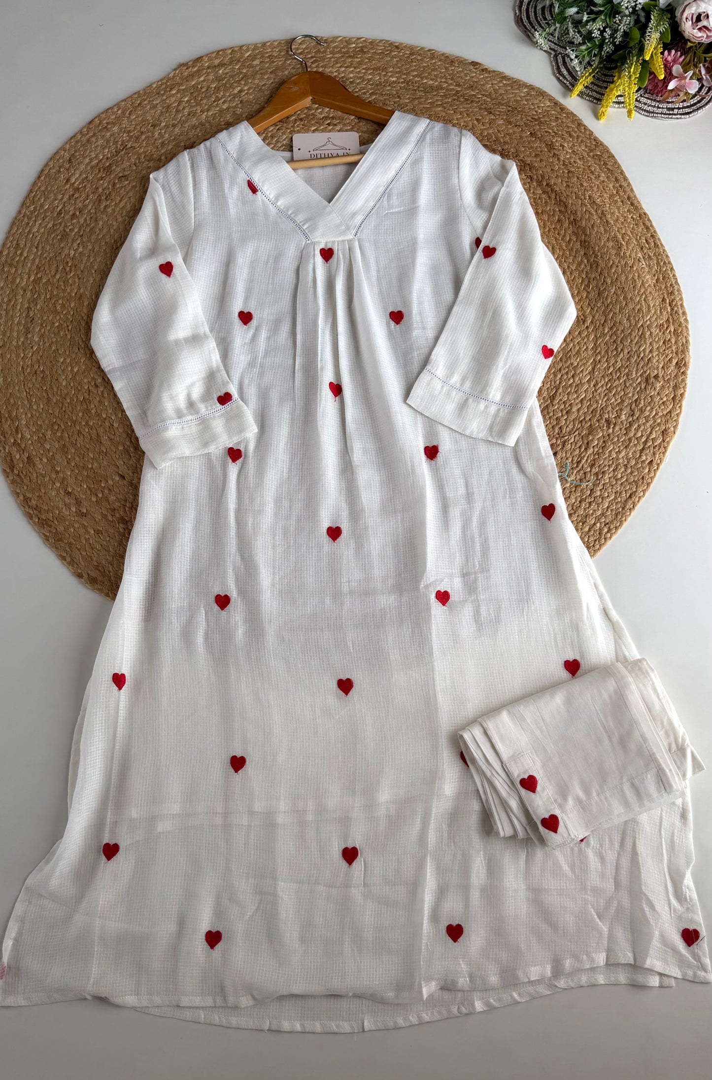 K704 - Mul cotton embroidered Aline Kurti with pants