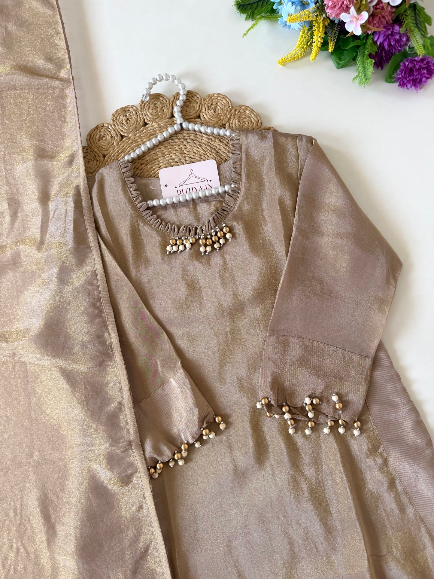K449 - Kanjivaram silk self zari Aline Kurti with pants and dupatta