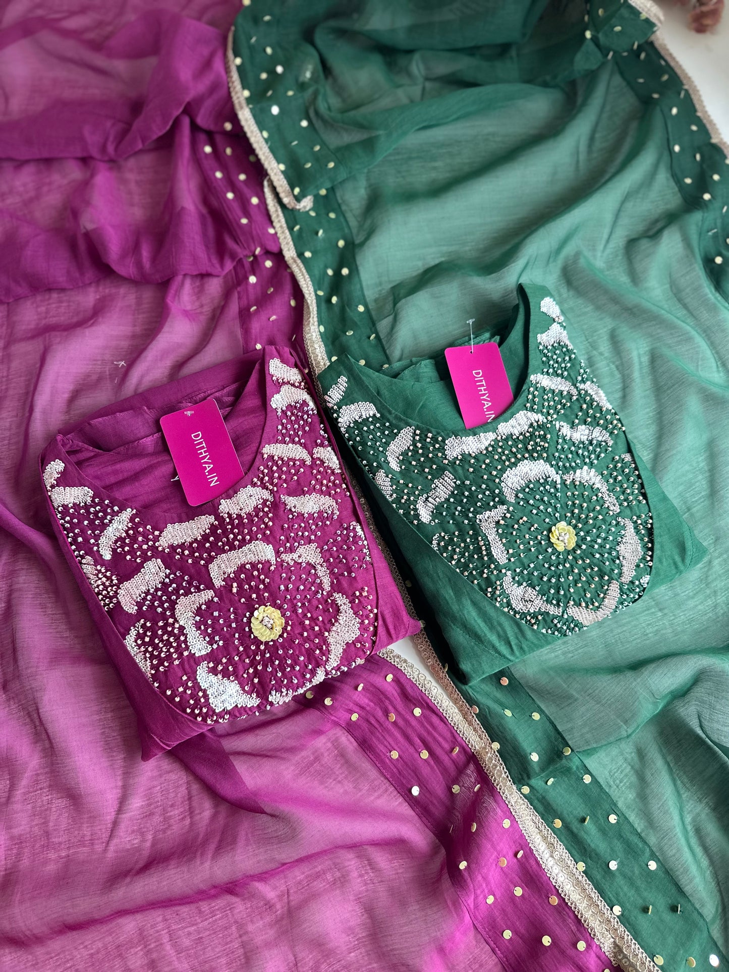 K032 - Pure mul Chanderi handwork Aline Kurti with pants and dupatta in 2 colours