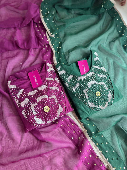 K032 - Pure mul Chanderi handwork Aline Kurti with pants and dupatta in 2 colours