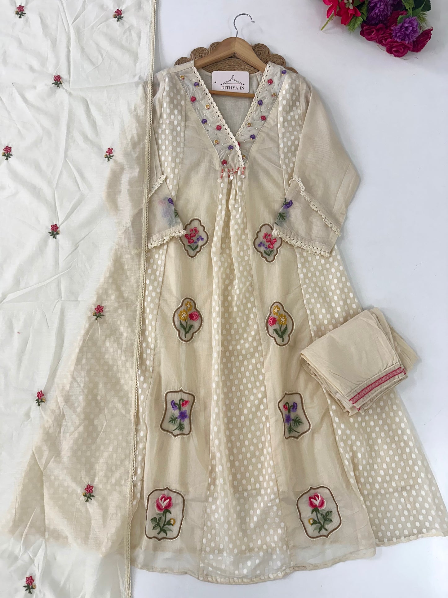 K380 - Mul chanderi embroidered Anarkali with pants and dupatta