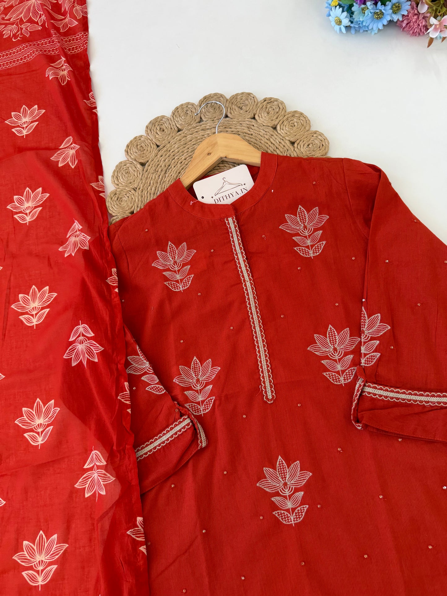 K608 - Mul cotton embroidered Aline Kurti with pants and dupatta