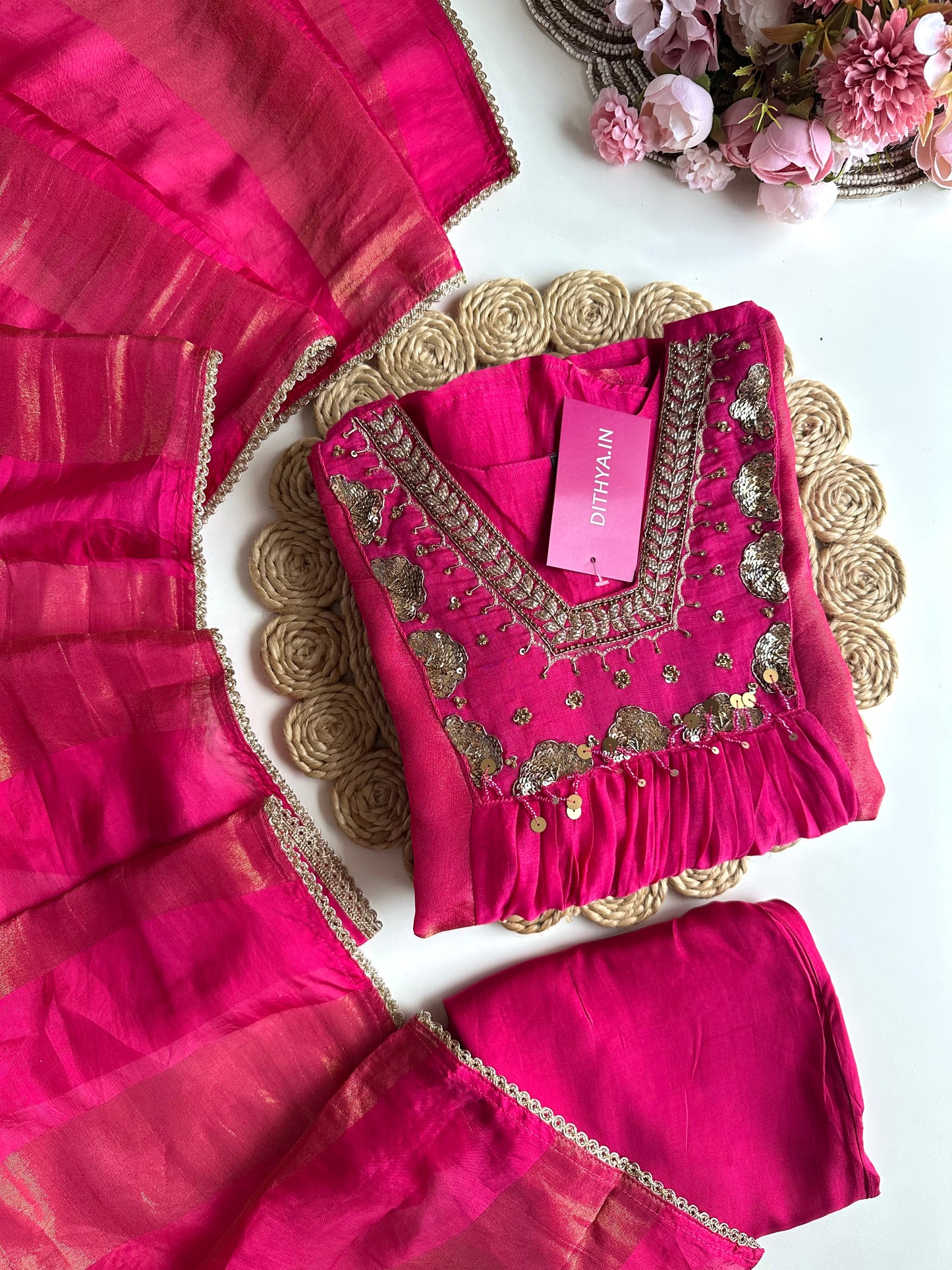 K405 - Mul Chanderi handwork Aline Kurti with pants and dupatta in 2 colours