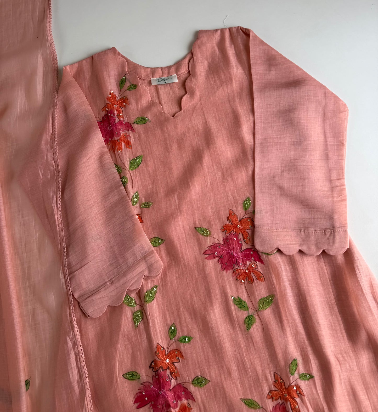 K355 - Mul Chanderi hand painted embroidered Aline Kurti with pants and dupatta in 3 colours