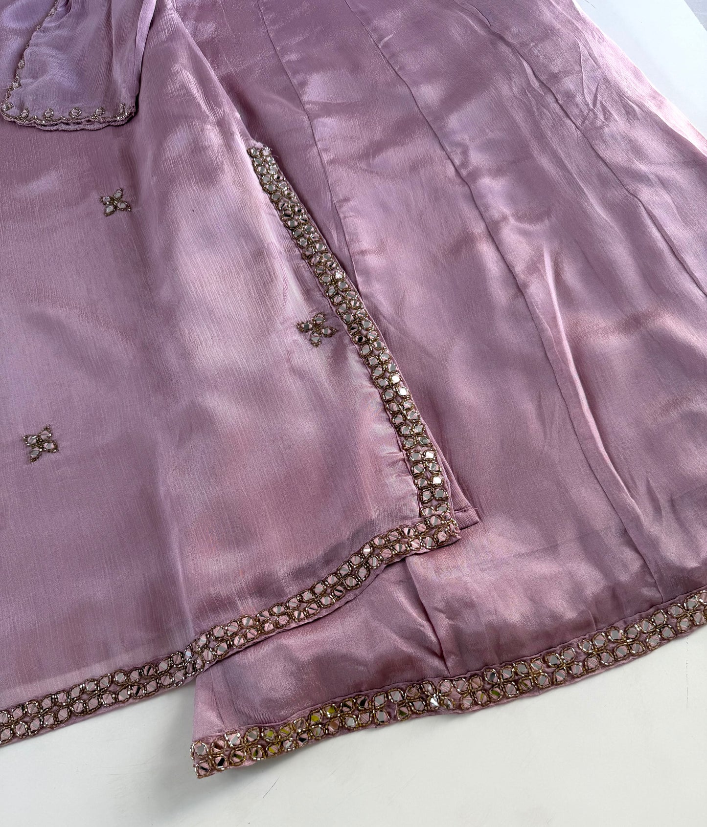 K376 - Pure Chinnon mirror handwork short Kurti with divider pants and dupatta