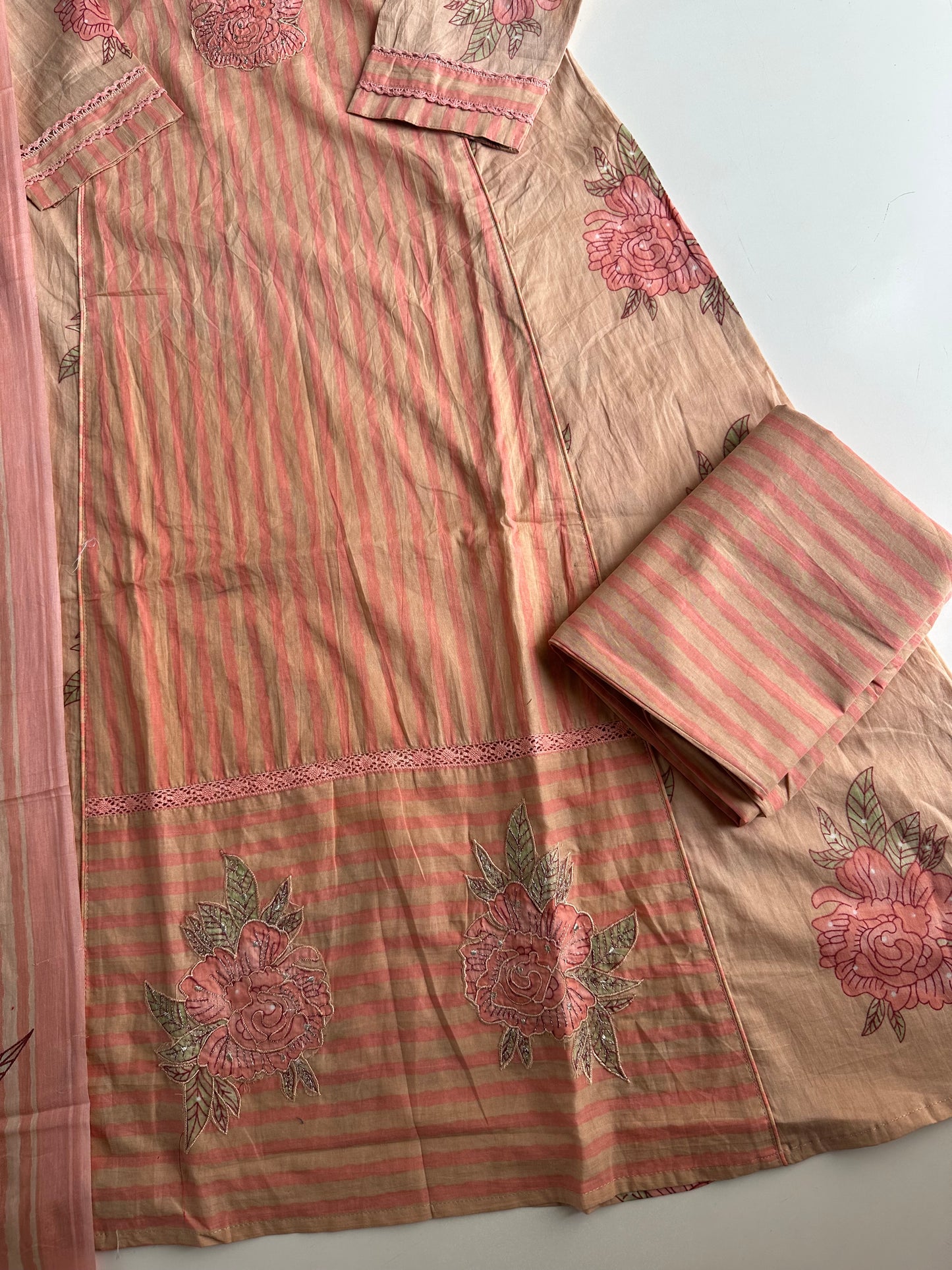 K629 - Mul cotton embroidered Aline Kurti with pants and dupatta