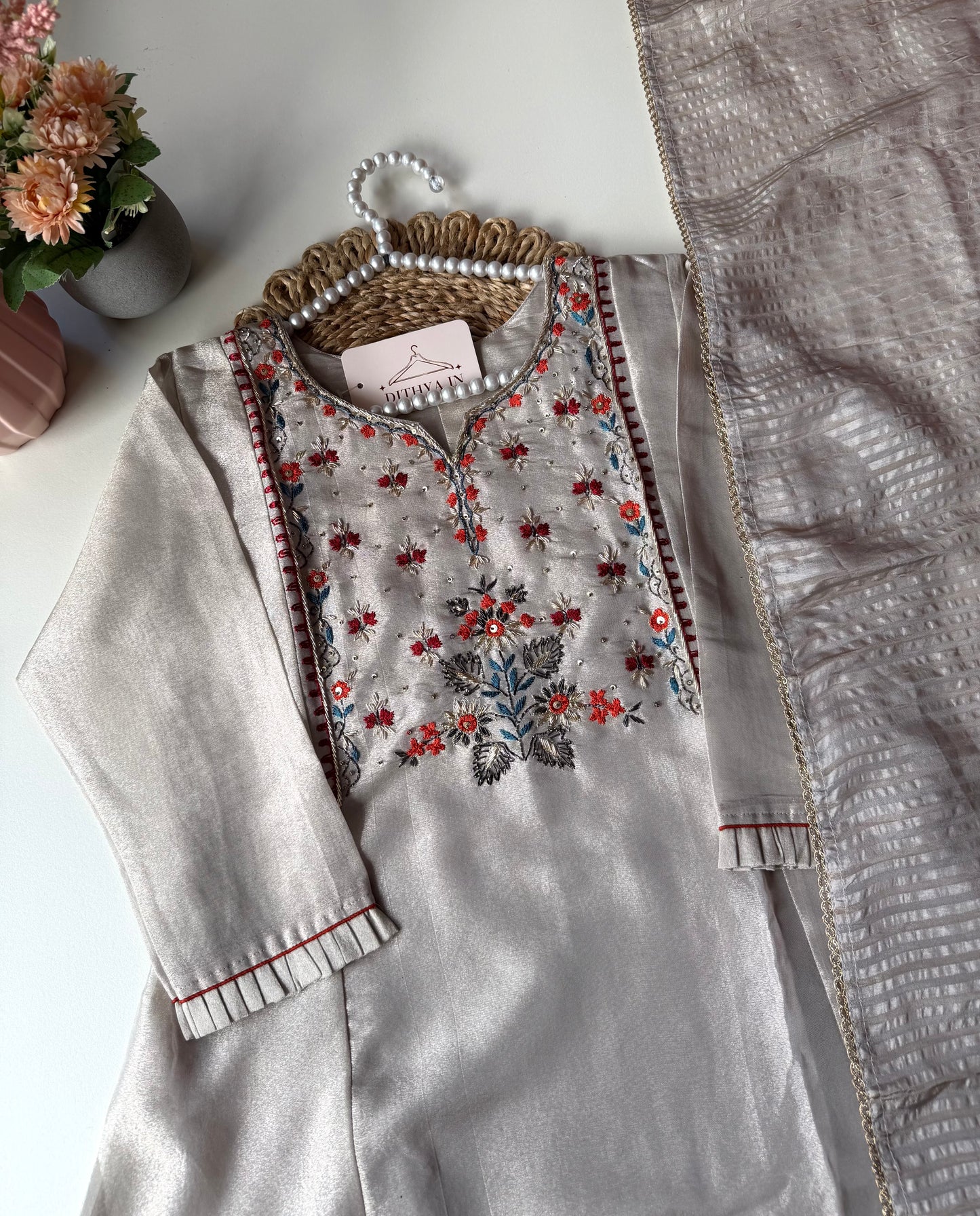 K588 - Kanjivaram Tissue silk Aline Kurti with pants and dupatta