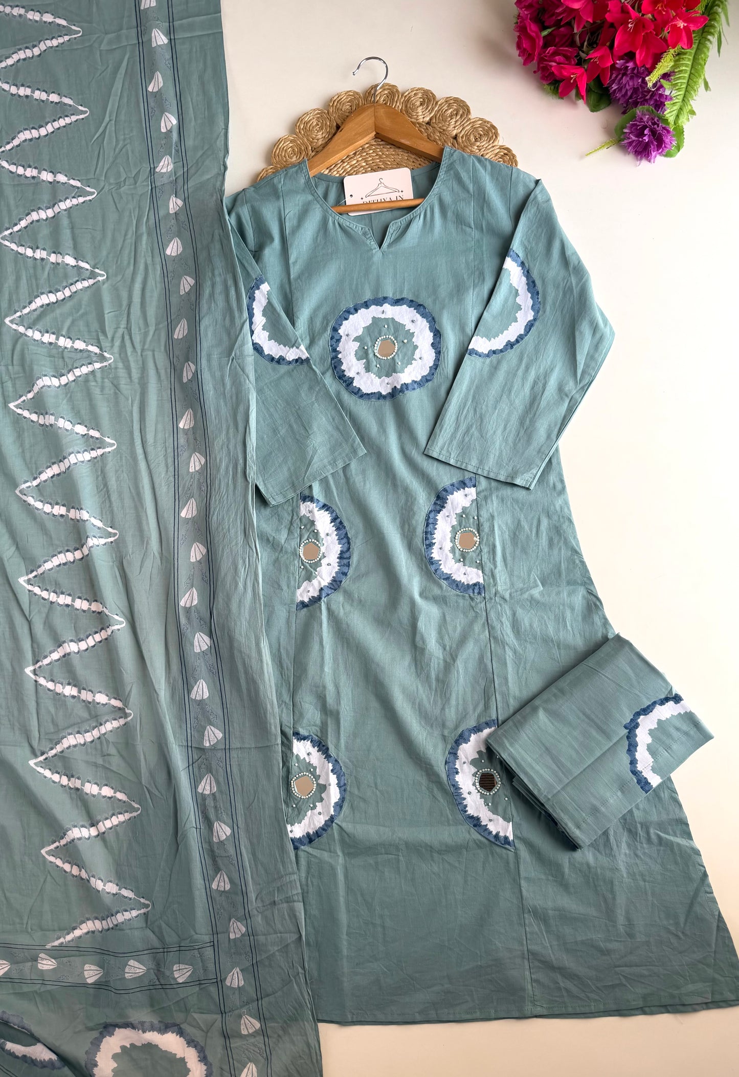 K543 - Mul cotton embroidered Aline   Kurti with pants and dupatta