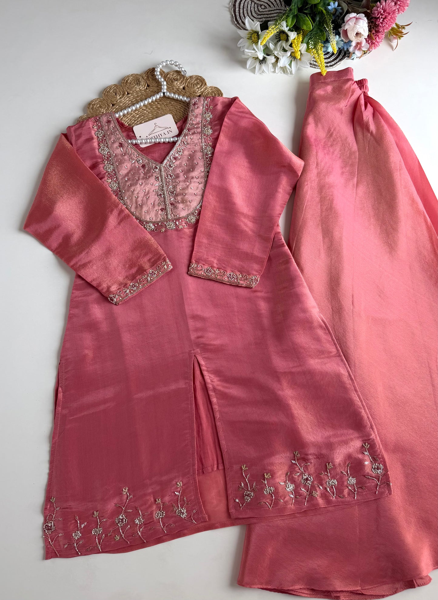 K179 - Tissue silk handwork short Kurti with divider pants