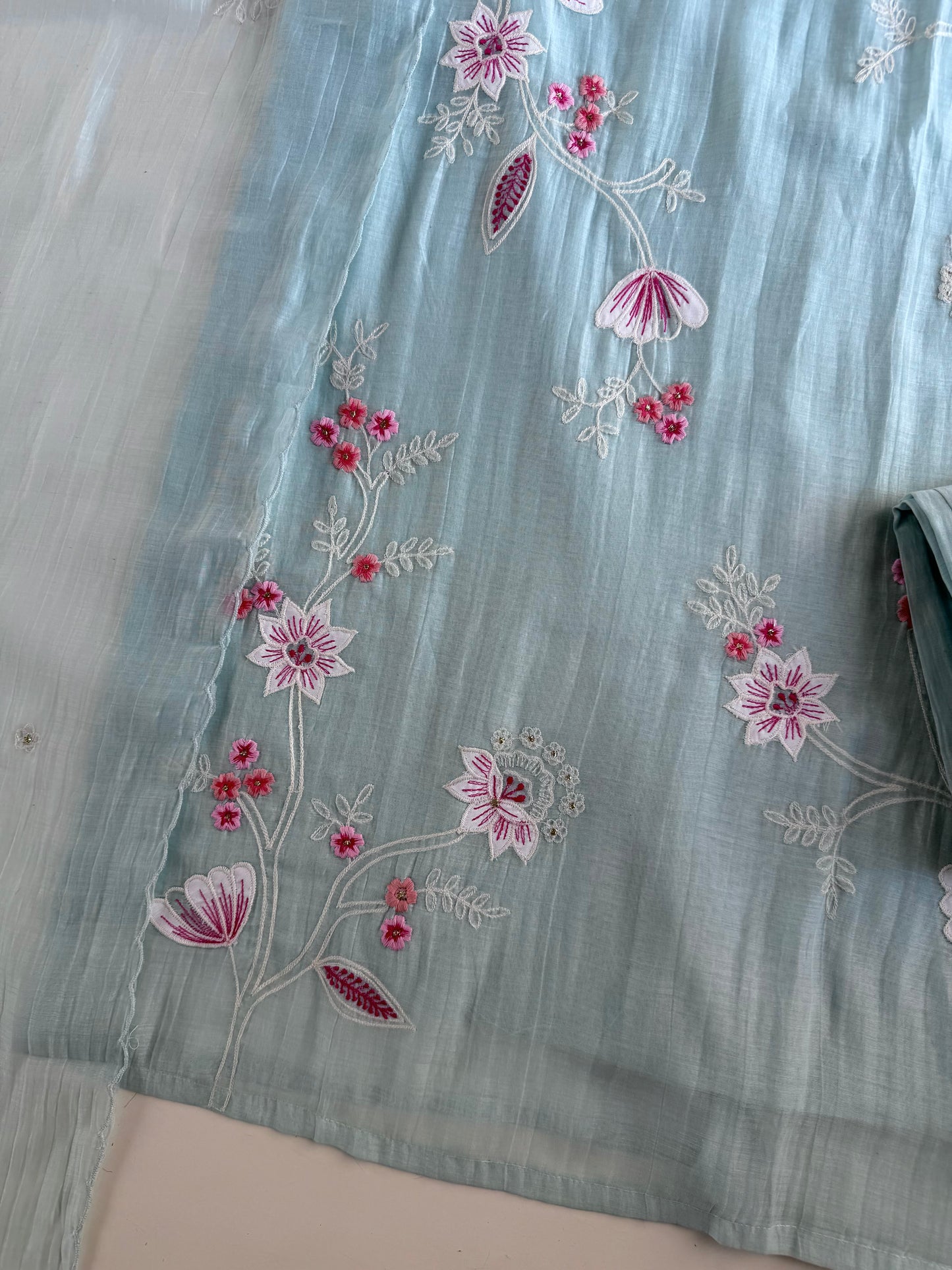 K275 - Mul chanderi embroidered straight Kurti with pants and dupatta