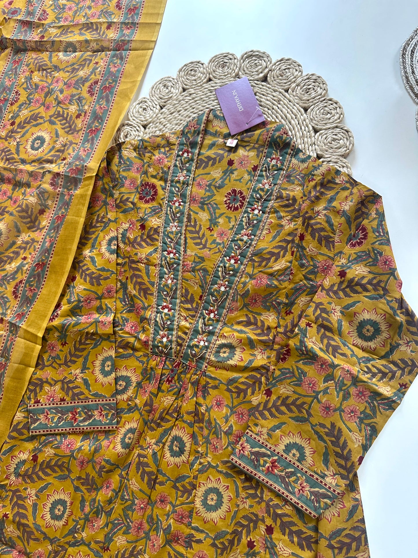 K349 - Printed cotton Anarkali with pants and dupatta.