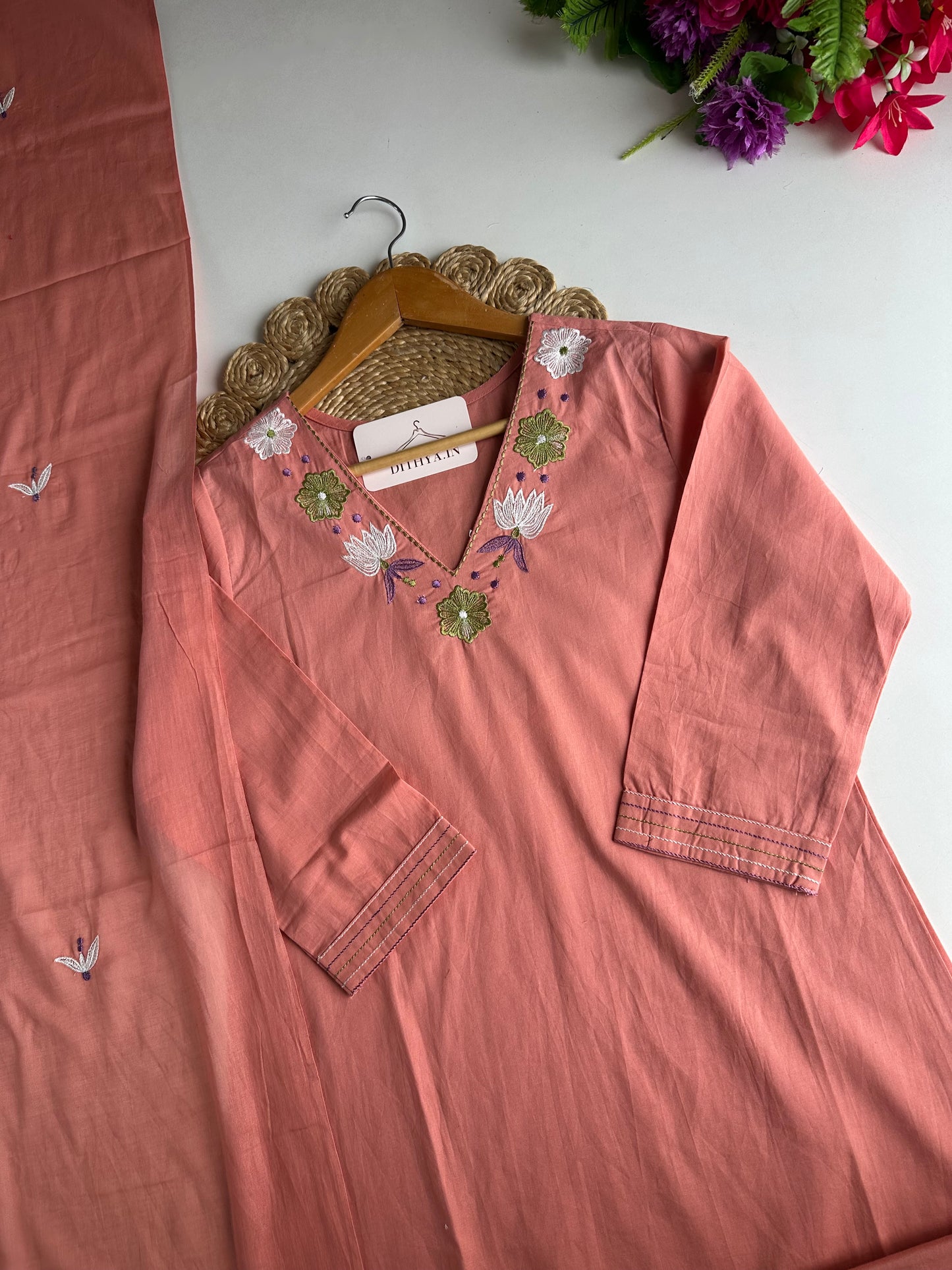 K655 - Mul cotton embroidered straight Kurti with pants and dupatta