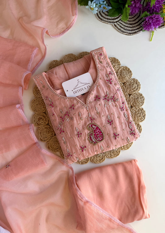 K570 - Mul chanderi handwork Anarkali with pants and dupatta