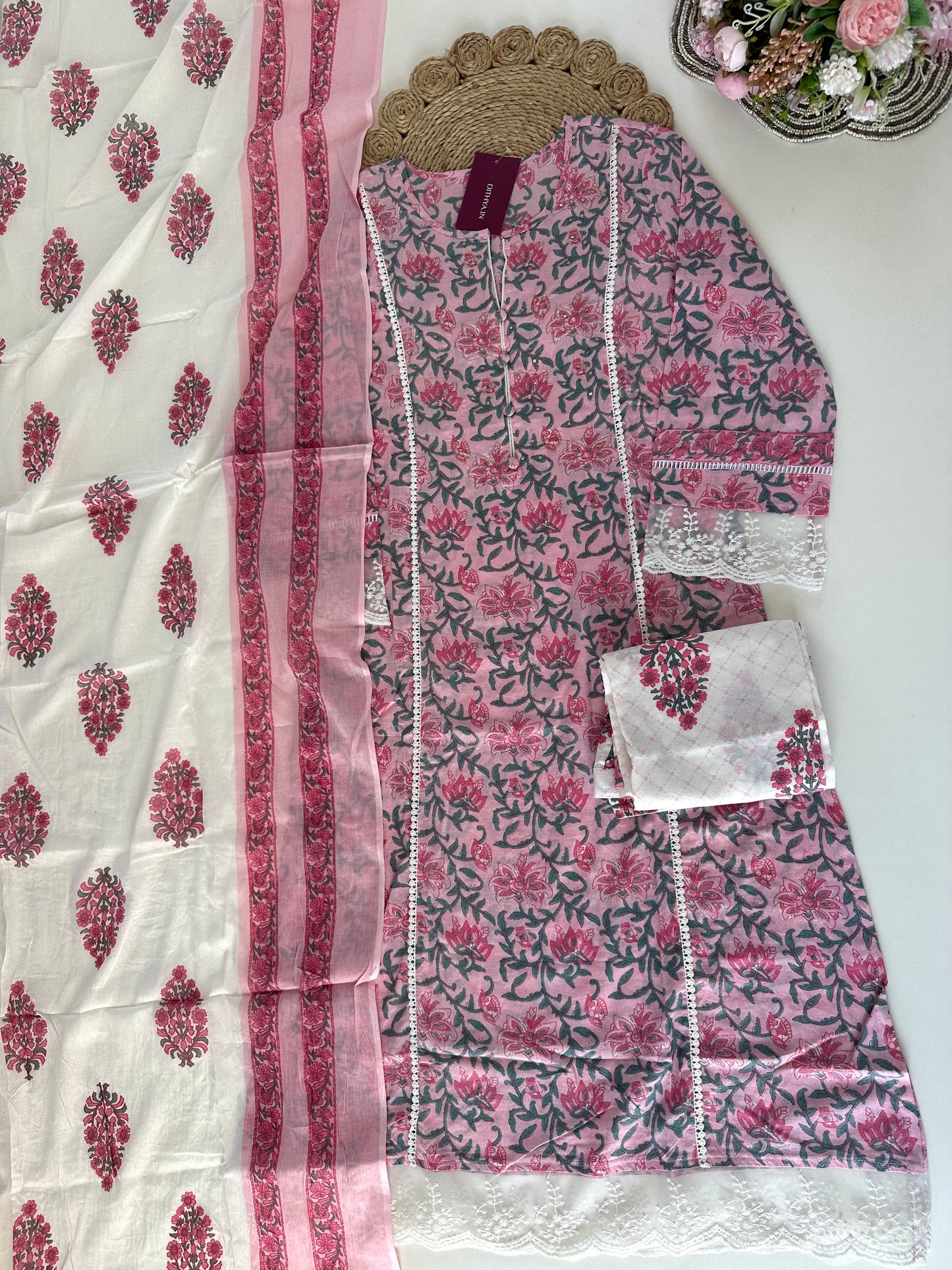 K056 - Cotton printed handwork Aline kurti with pants and dupatta.