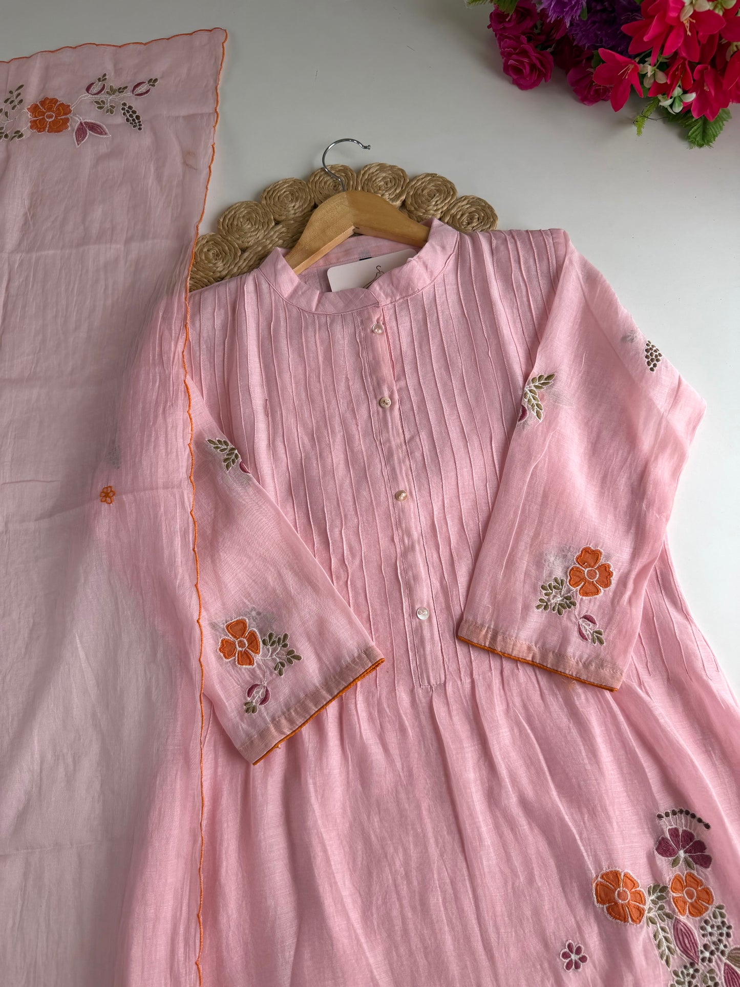 K703 - Mul chanderi embroidered Aline Kurti with pants and dupatta