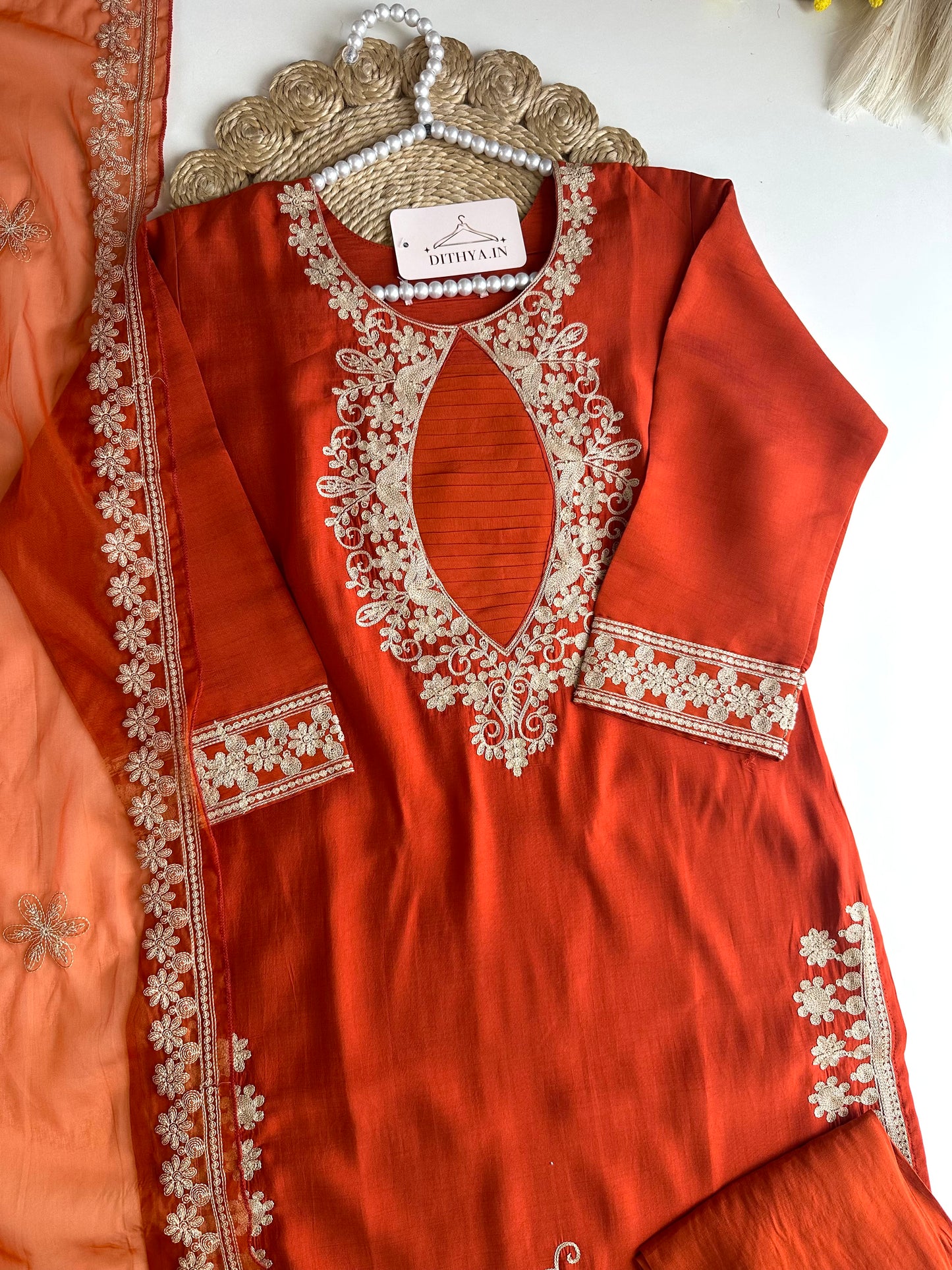 K494 - Roman silk embroidered straight Kurti with pants and dupatta