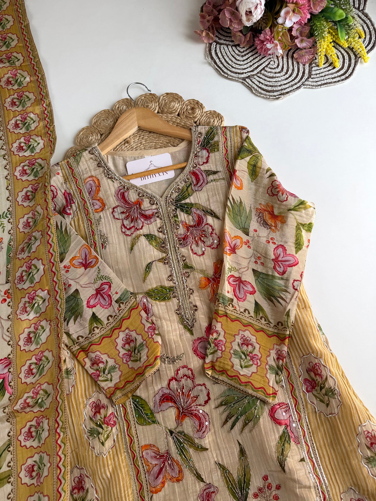 K645-Crush tissue silk handwork Aline Kurti with pants and dupatta