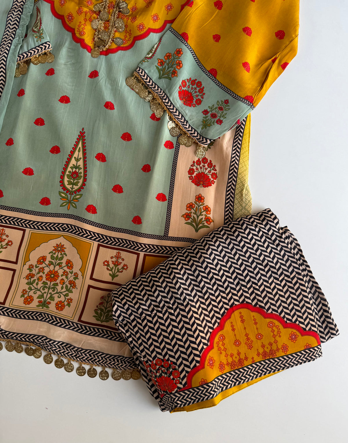K635 - Pure crape printed coin work farshi salwar with pants and dupatta