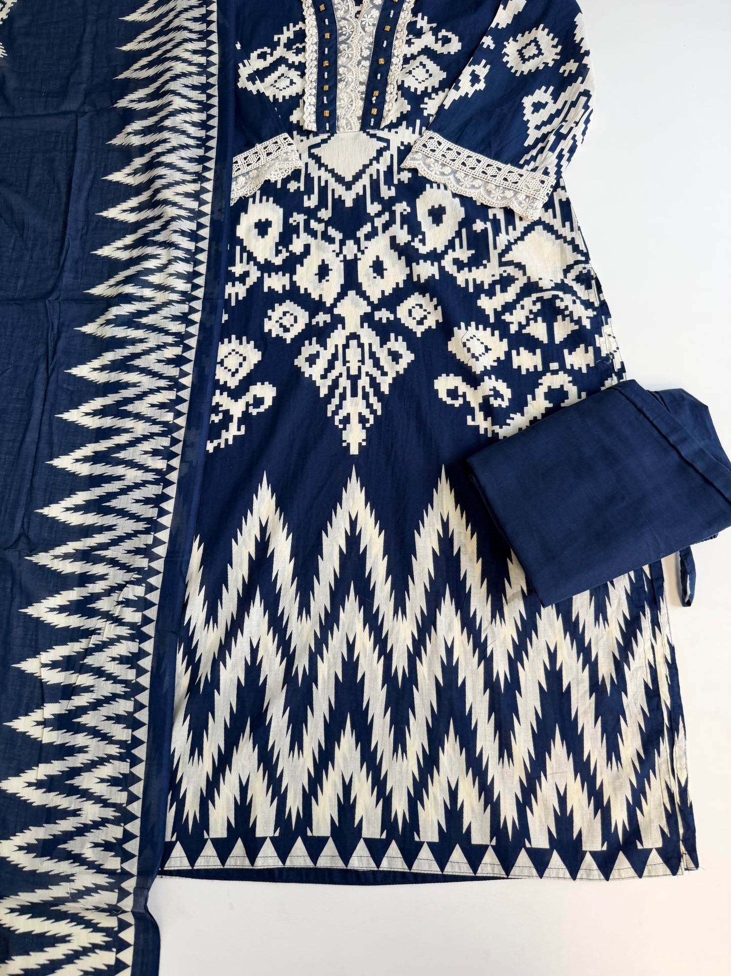 K648 - Mul cotton embroidered straight Kurti with pants and dupatta