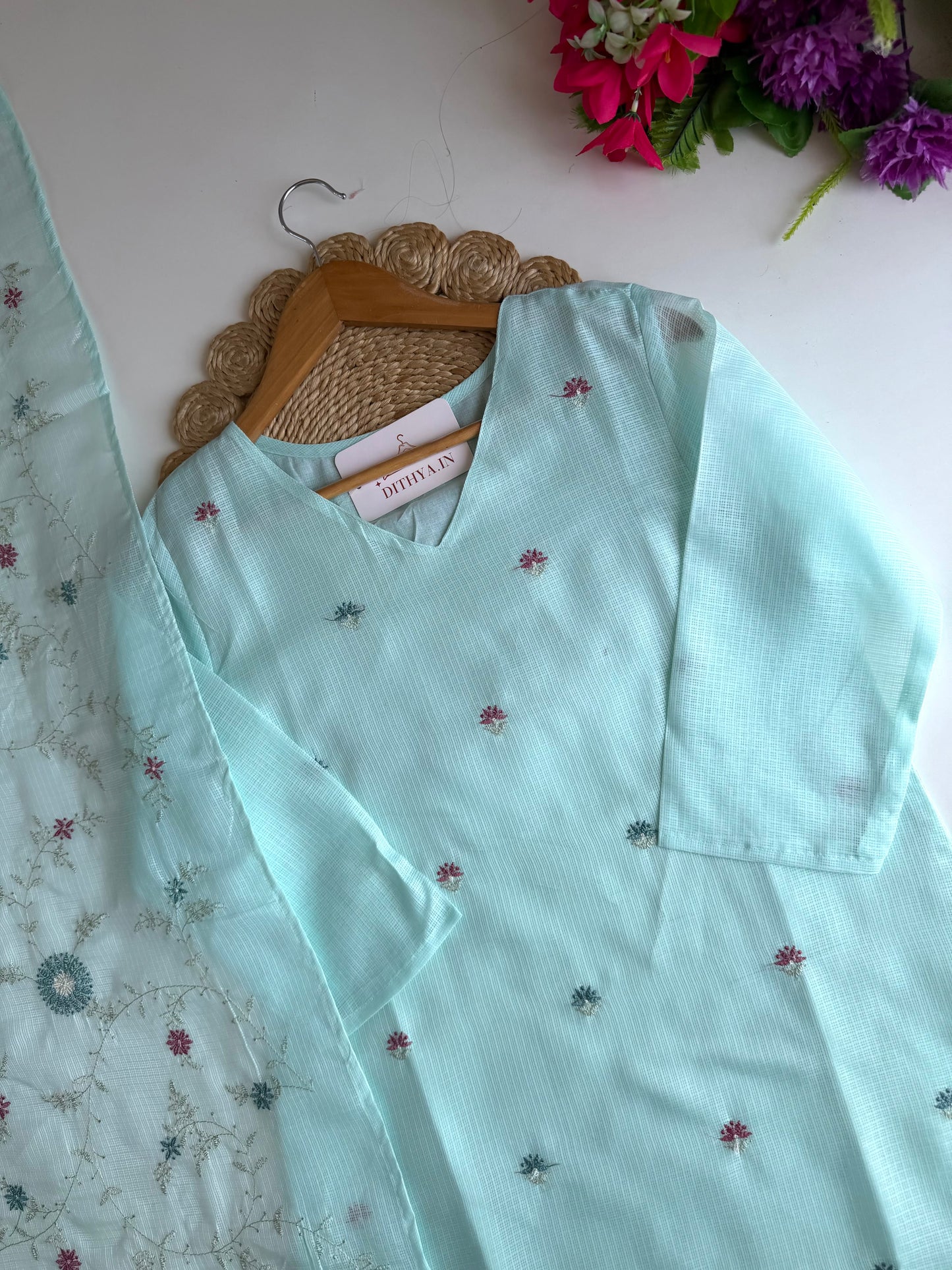 K028 - Kota doriya embroidered straight Kurti with pants and dupatta