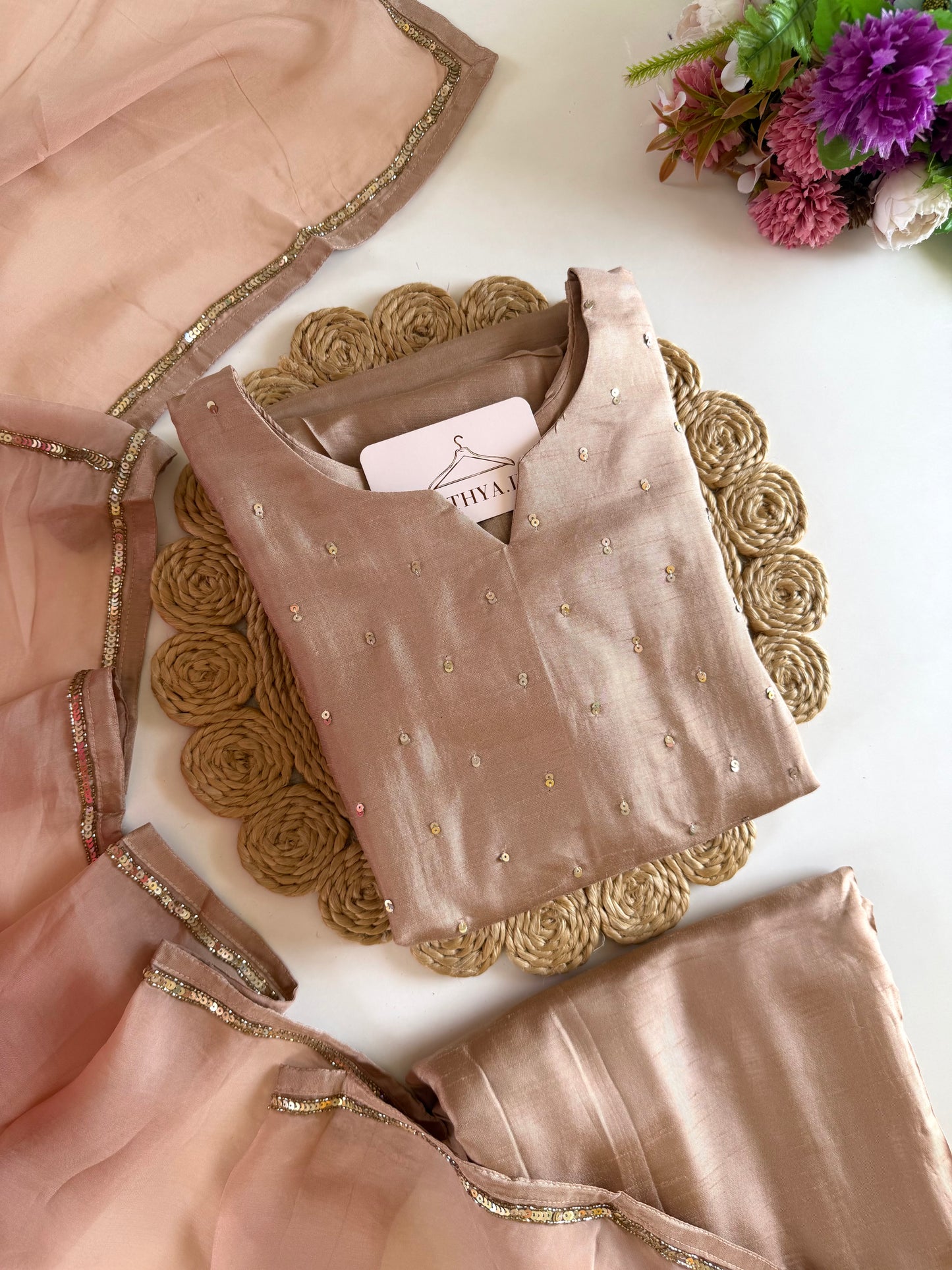 K410 - Russian silk handwork aline Kurti with pants and dupatta