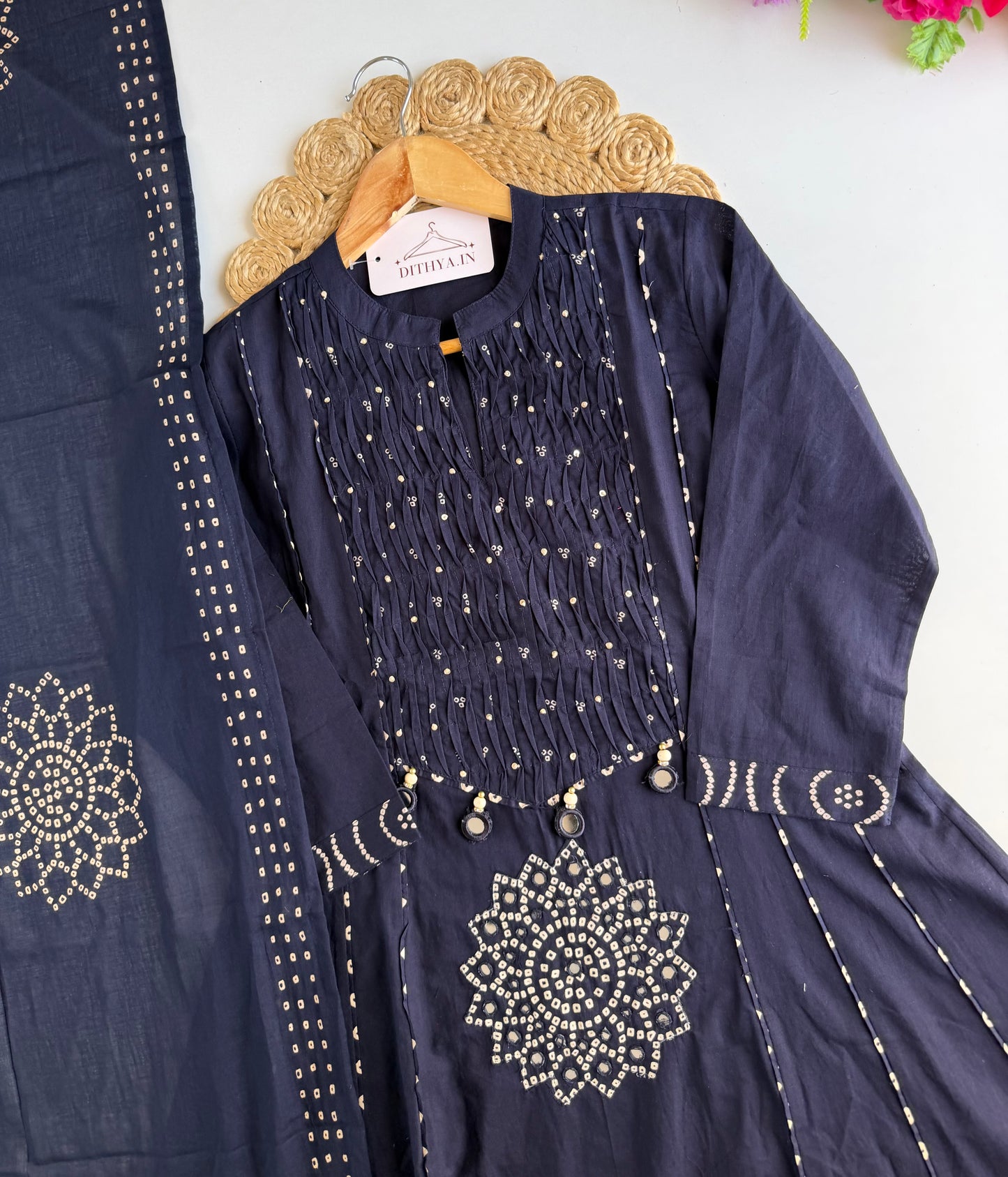 K273 - Mul cotton mirror work Anarkali with pants and dupatta in 4 colours