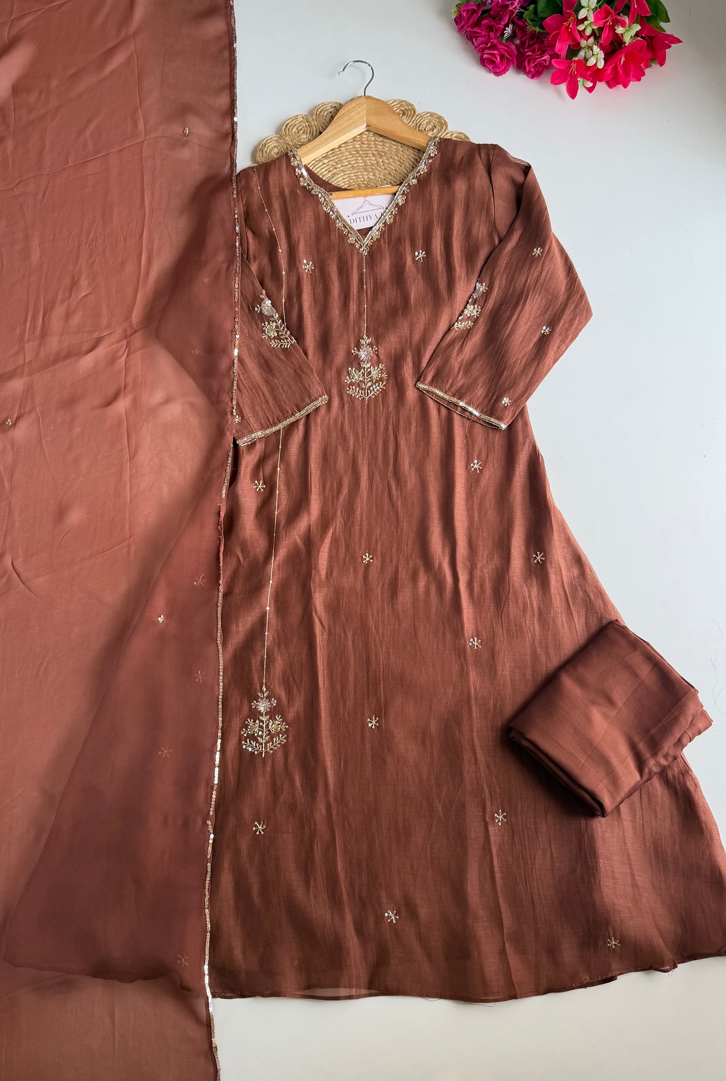 K544 - Mul Chanderi Handwork aline Kurti with pants and dupatta