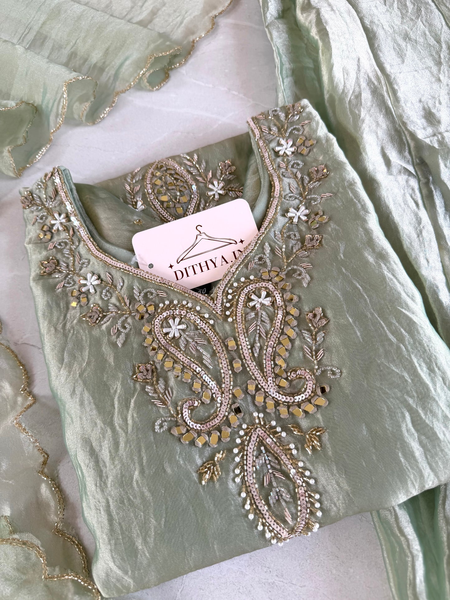 K494 - Tissue silk handwork short Kurti with divider pants and dupatta