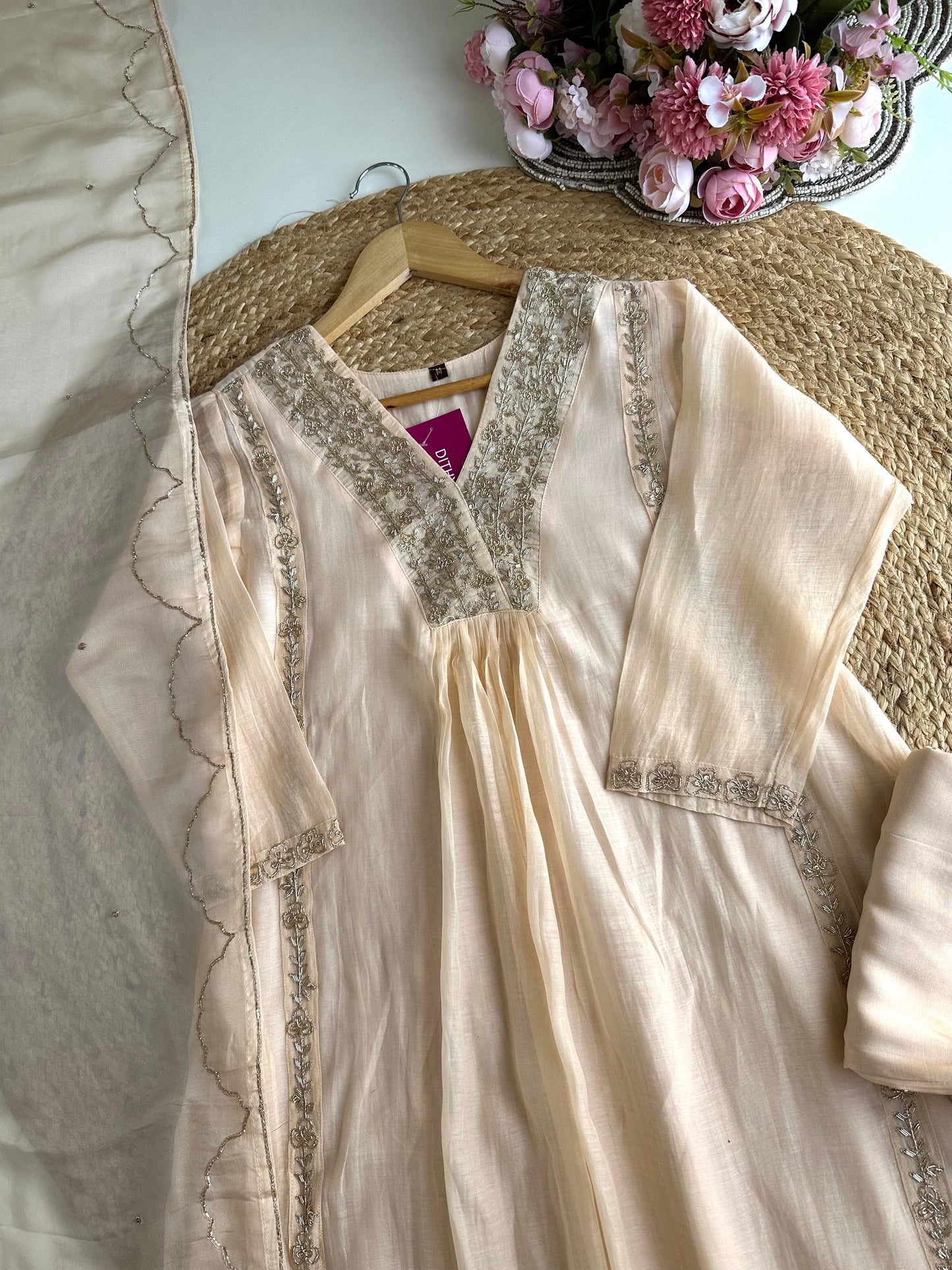 K165 - Mul Chanderi handwork Aline Kurti with pants and dupatta