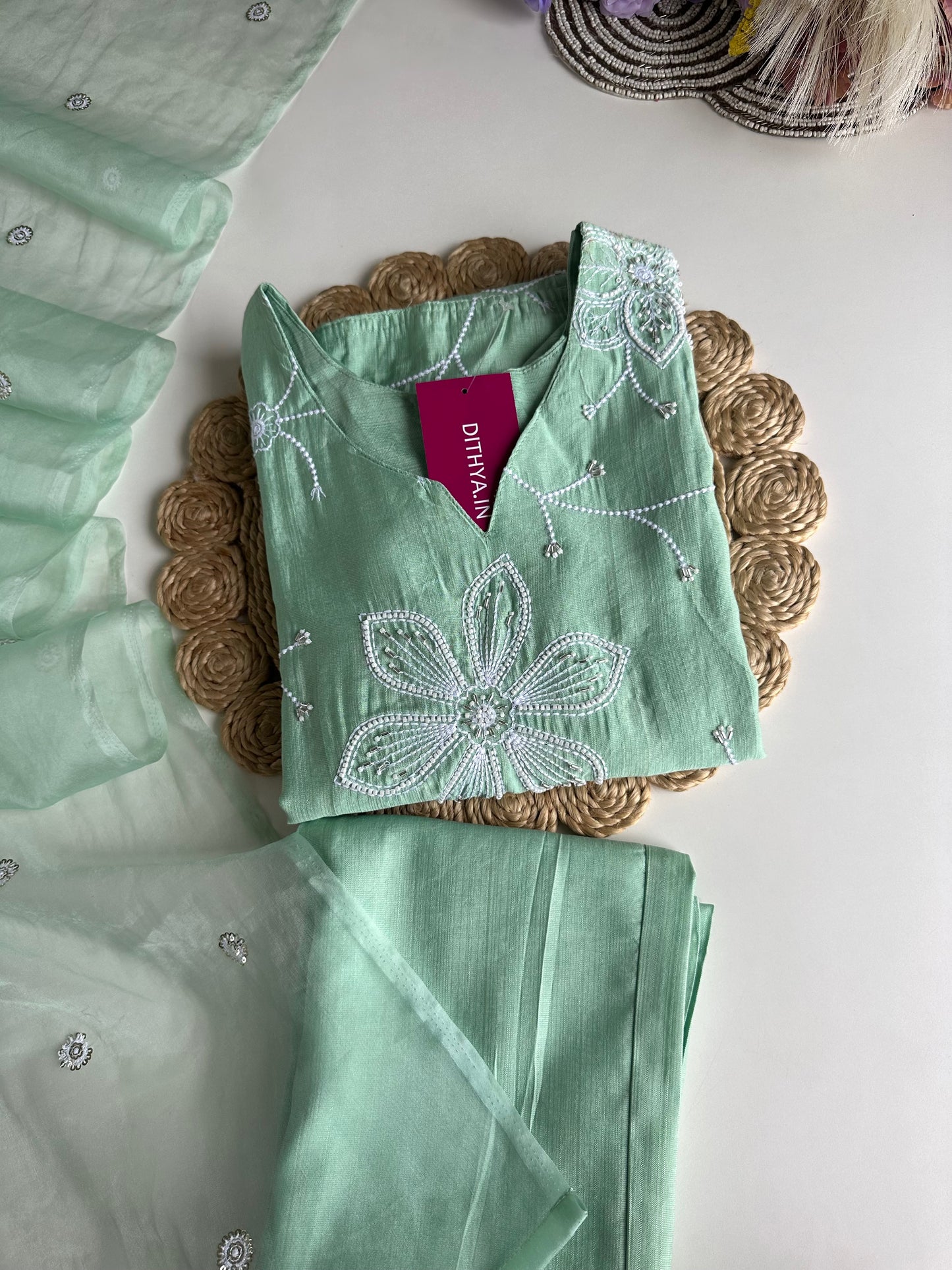 K100 - Roman silk embroidered straight Kurti with pants and dupatta